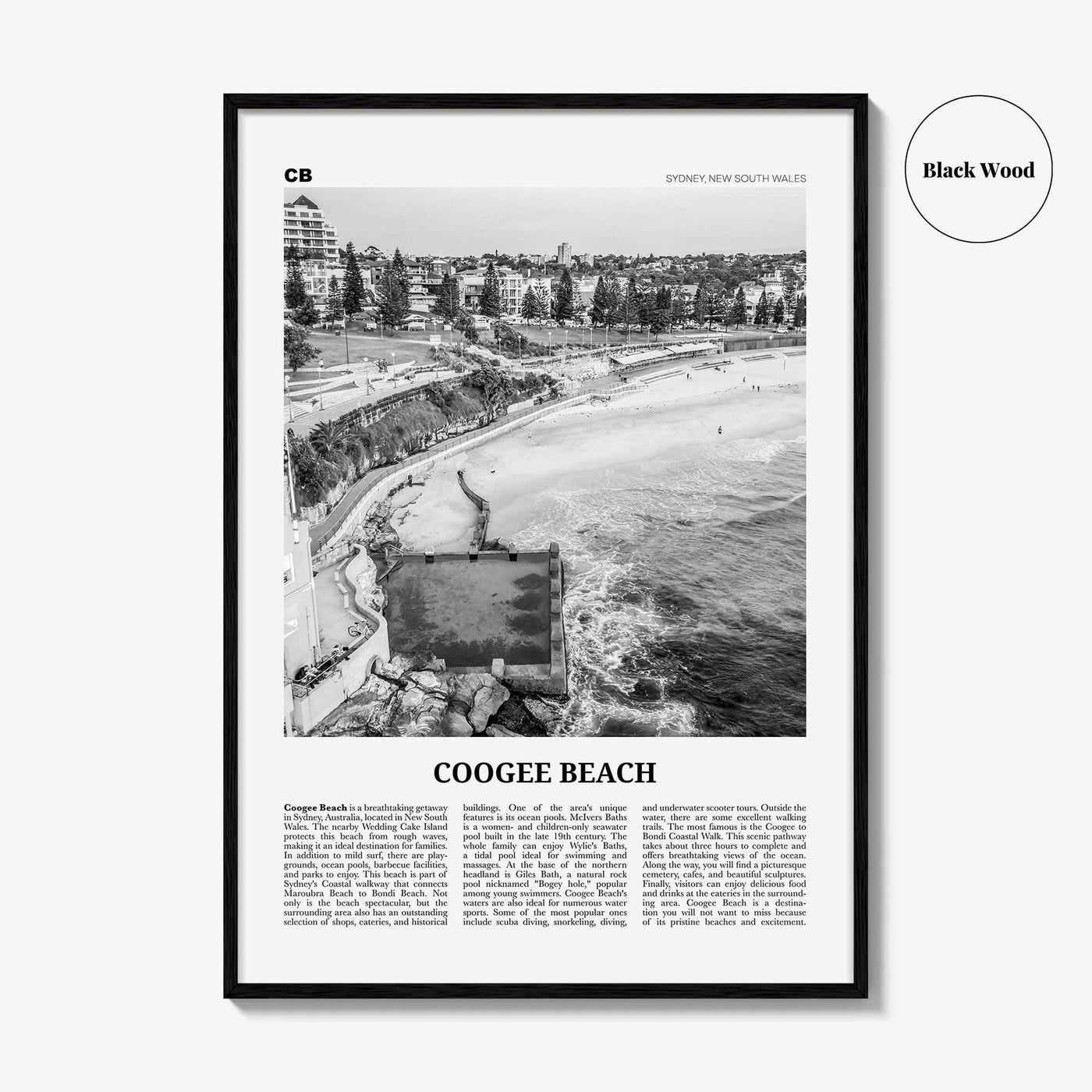 Coogee Beach Print Black and White No 1, Coogee Beach Wall Art, Coogee Beach Poster, Coogee Beach Photo, New South Wales, Australia