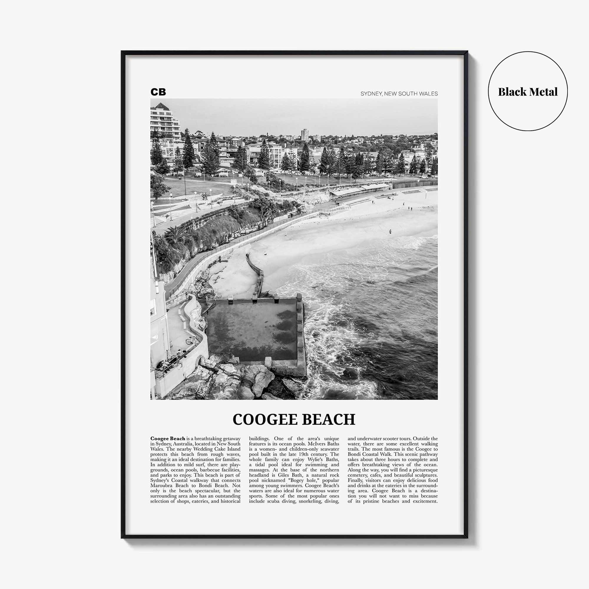 Coogee Beach Print Black and White No 1, Coogee Beach Wall Art, Coogee Beach Poster, Coogee Beach Photo, New South Wales, Australia