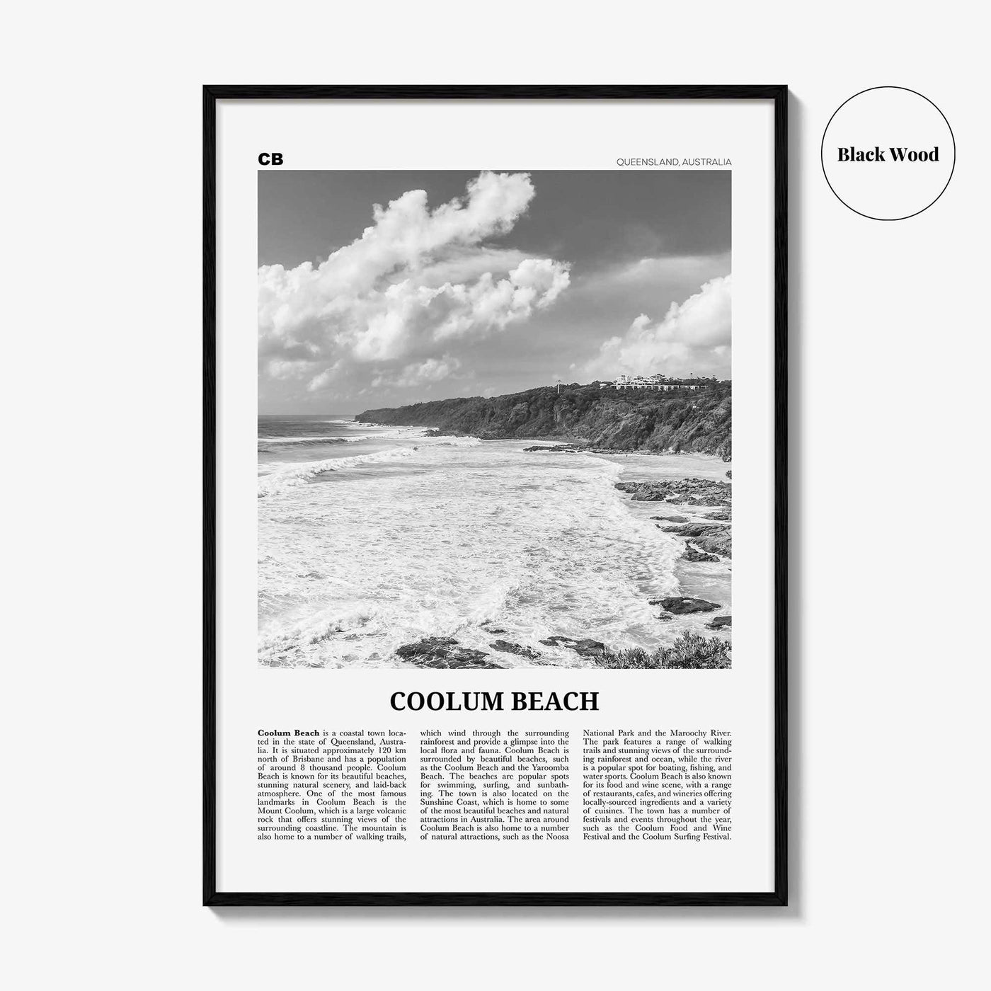 Coolum Beach Print Black and White, Coolum Beach Wall Art, Coolum Beach Poster, Coolum Beach Photo, Coolum Beach Décor, Coolum Beach Map