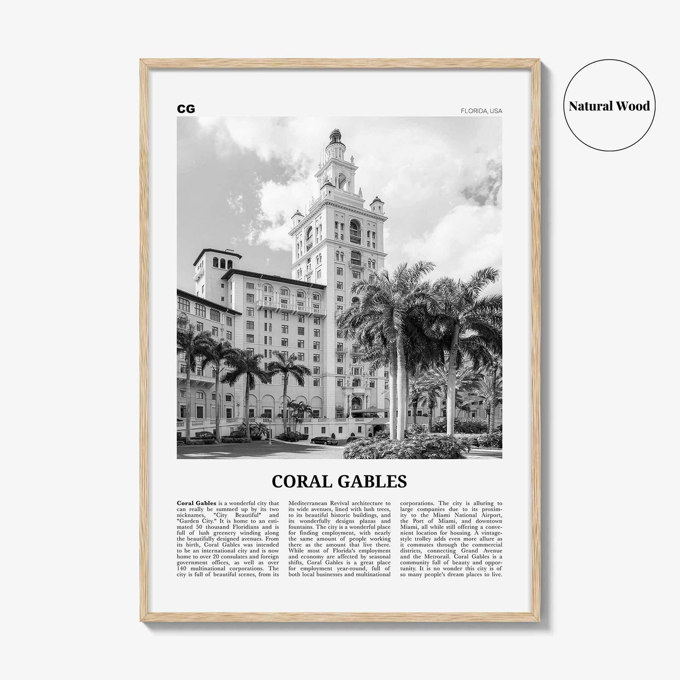 Coral Gables Print Black and White, Coral Gables Wall Art, Coral Gables Poster, Coral Gables Photo, Coral Gables Wall Décor, Florida, USA