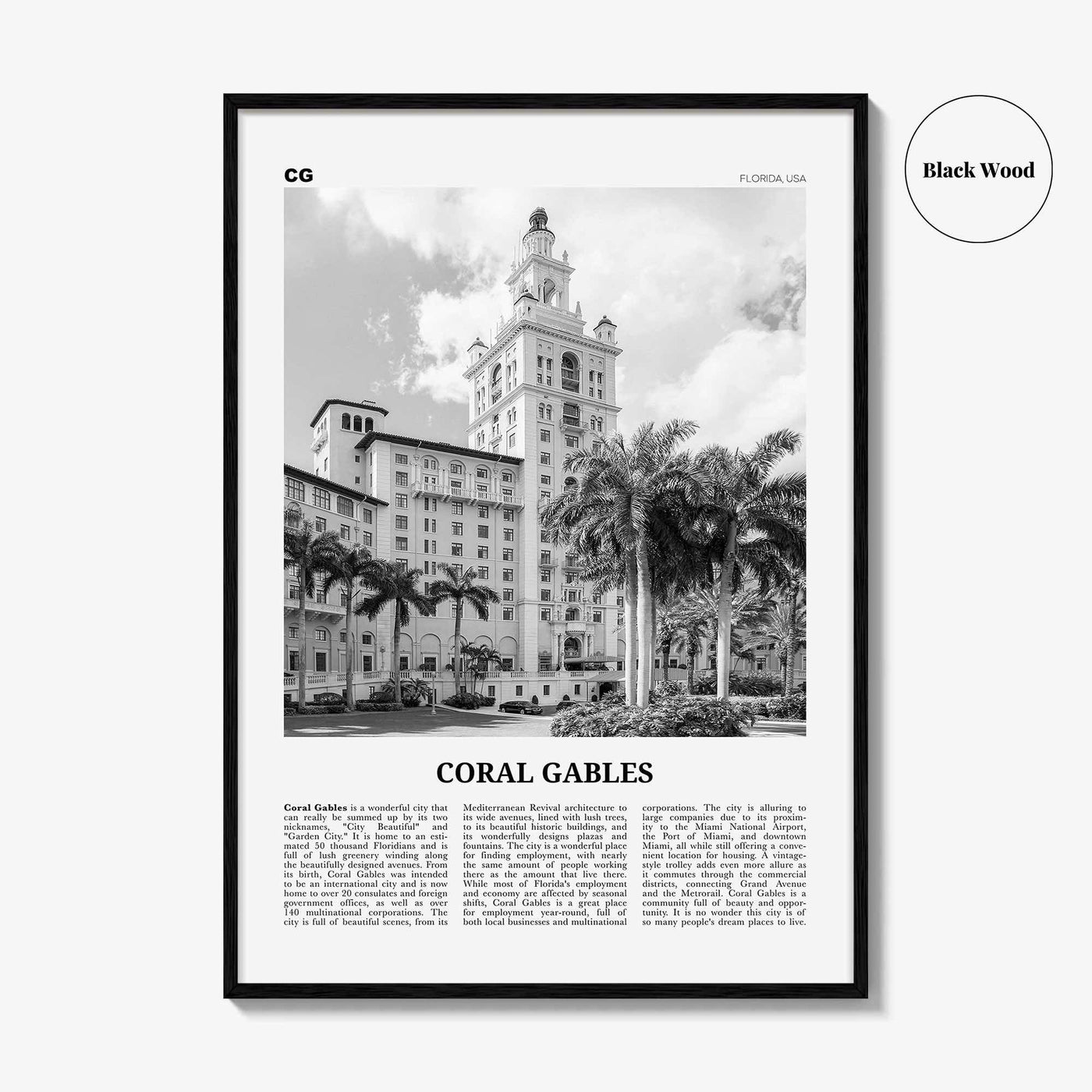 Coral Gables Print Black and White, Coral Gables Wall Art, Coral Gables Poster, Coral Gables Photo, Coral Gables Wall Décor, Florida, USA