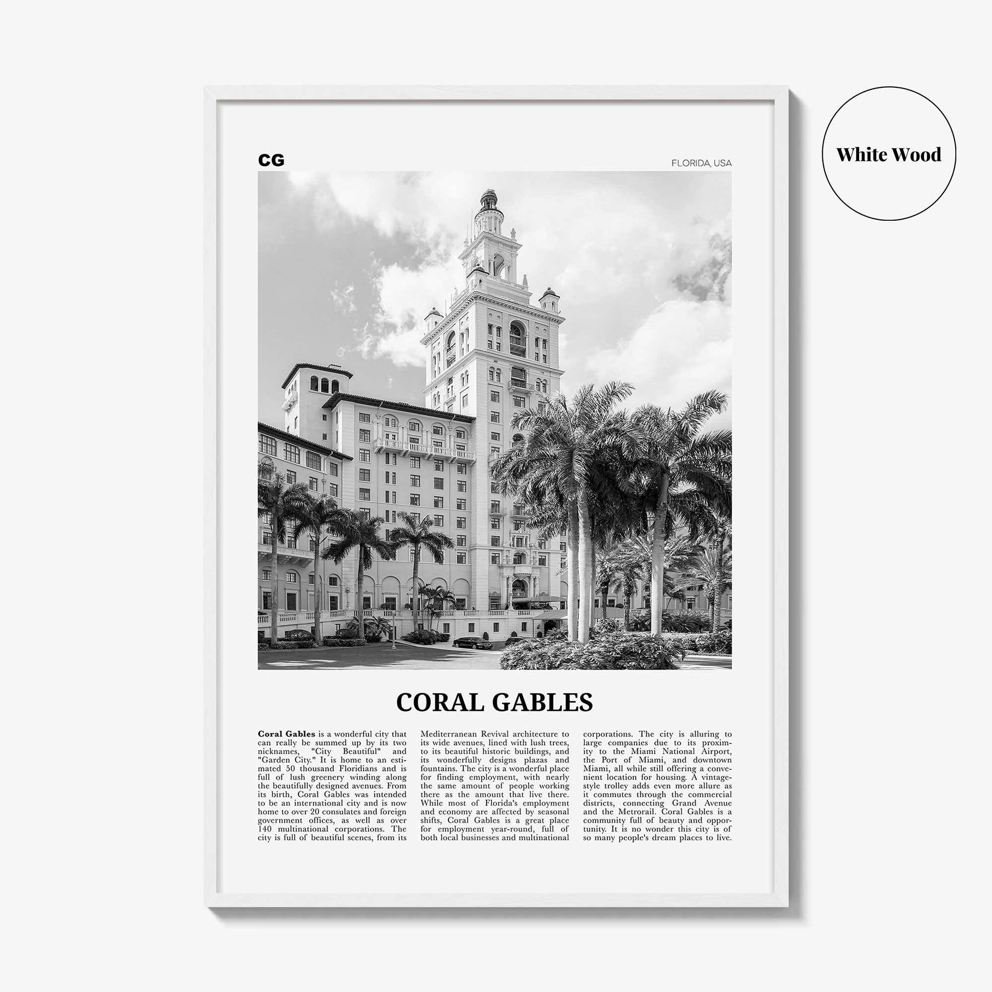 Coral Gables Print Black and White, Coral Gables Wall Art, Coral Gables Poster, Coral Gables Photo, Coral Gables Wall Décor, Florida, USA