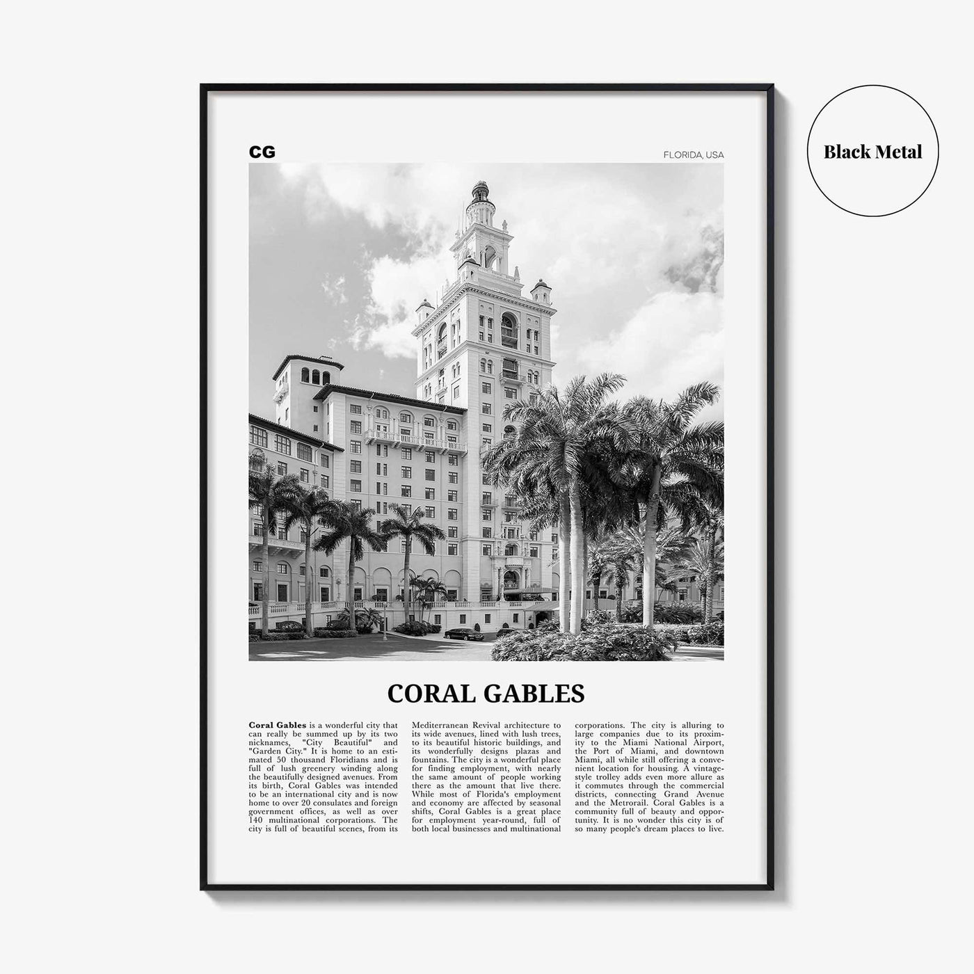 Coral Gables Print Black and White, Coral Gables Wall Art, Coral Gables Poster, Coral Gables Photo, Coral Gables Wall Décor, Florida, USA