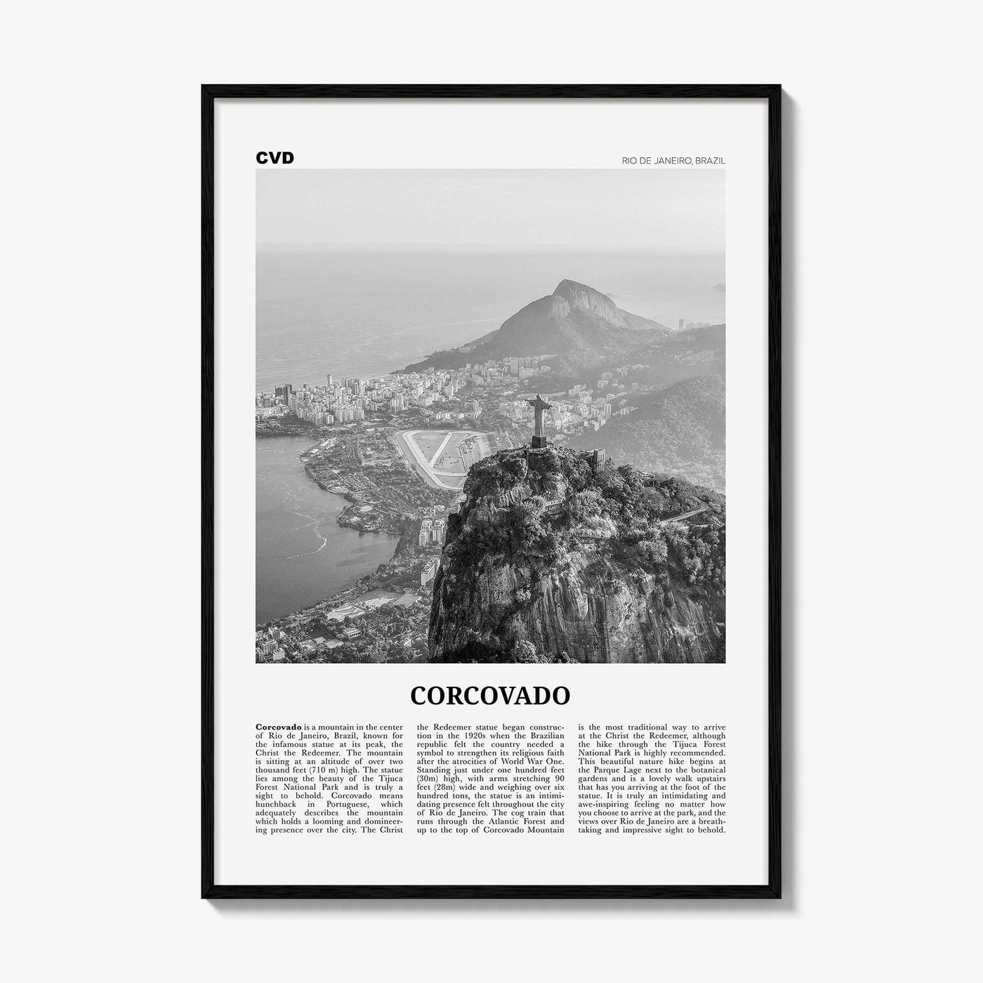 Corcovado Print Black and White, Corcovado Wall Art, Corcovado Poster, Corcovado Photo, Corcovado Map, Rio de Janeiro, Brazil