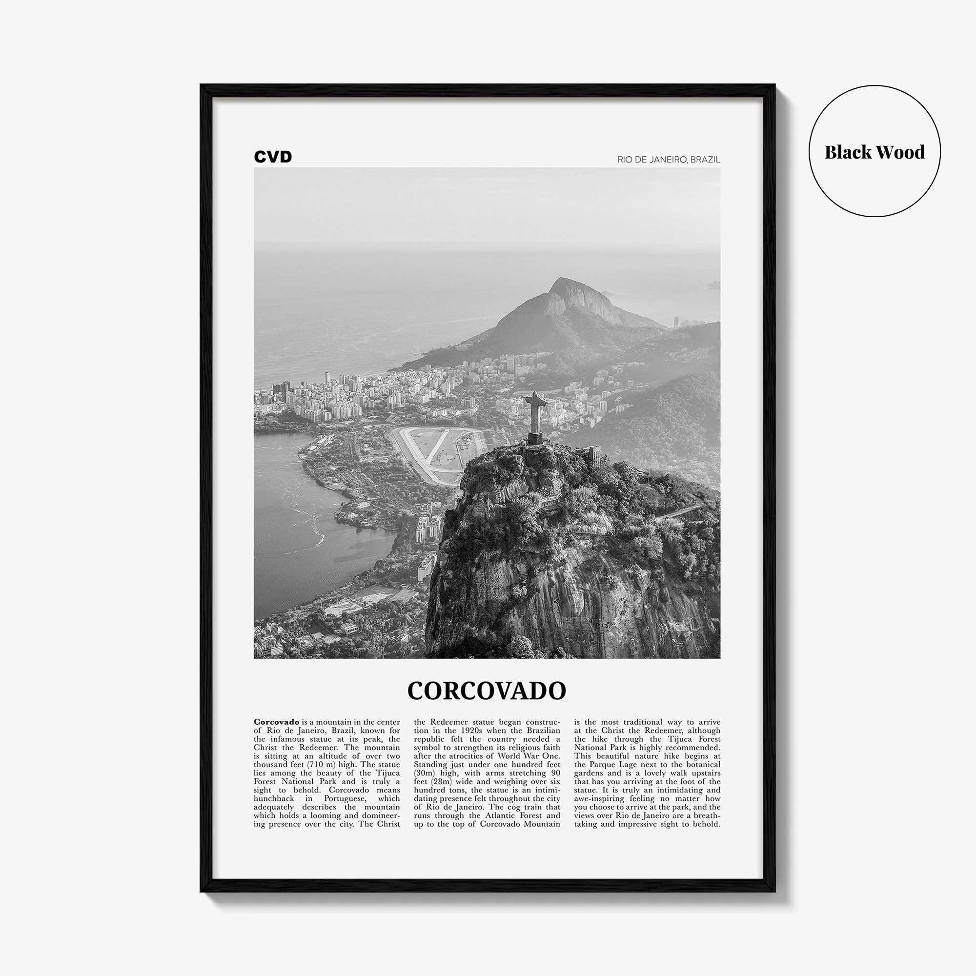 Corcovado Print Black and White, Corcovado Wall Art, Corcovado Poster, Corcovado Photo, Corcovado Map, Rio de Janeiro, Brazil