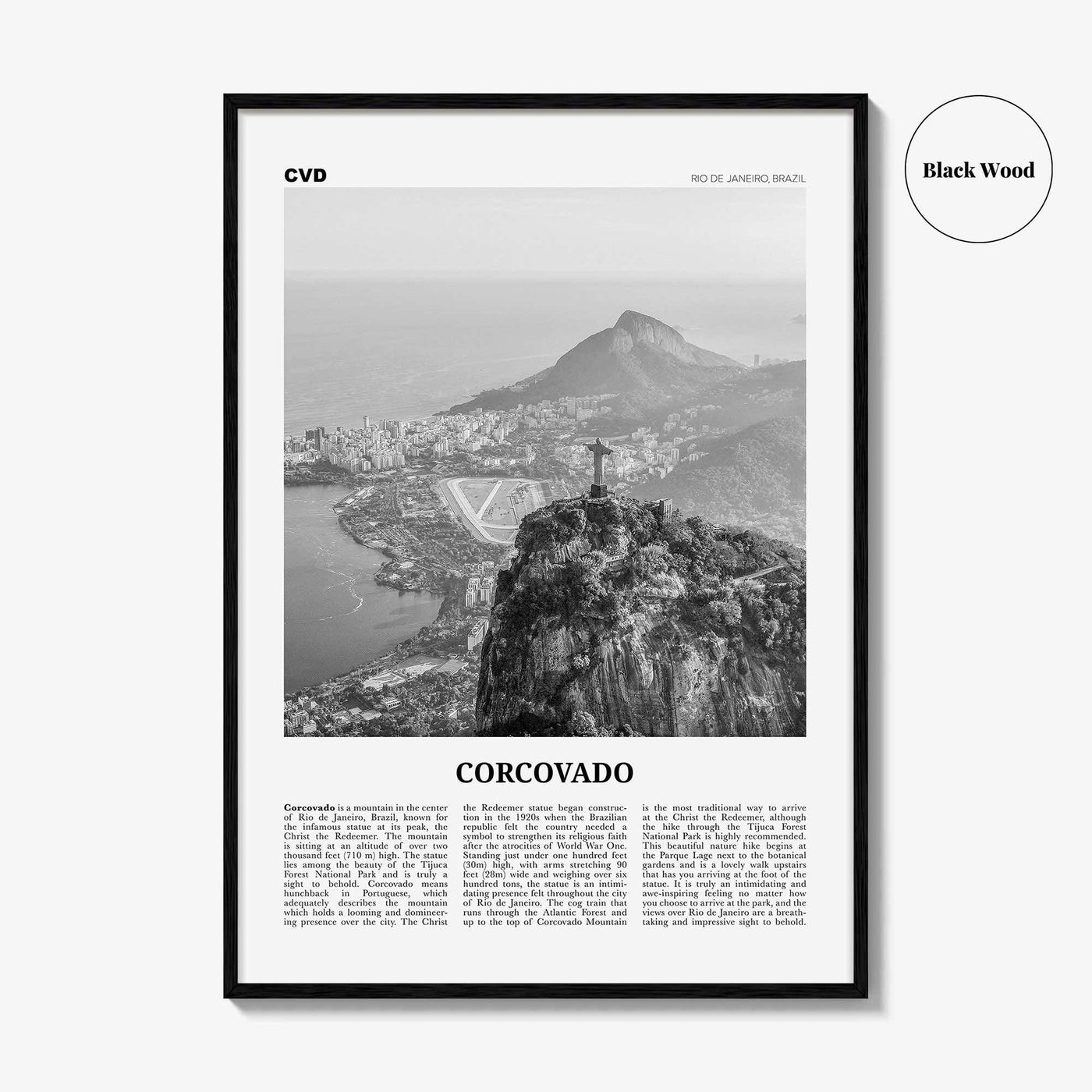 Corcovado Print Black and White, Corcovado Wall Art, Corcovado Poster, Corcovado Photo, Corcovado Map, Rio de Janeiro, Brazil