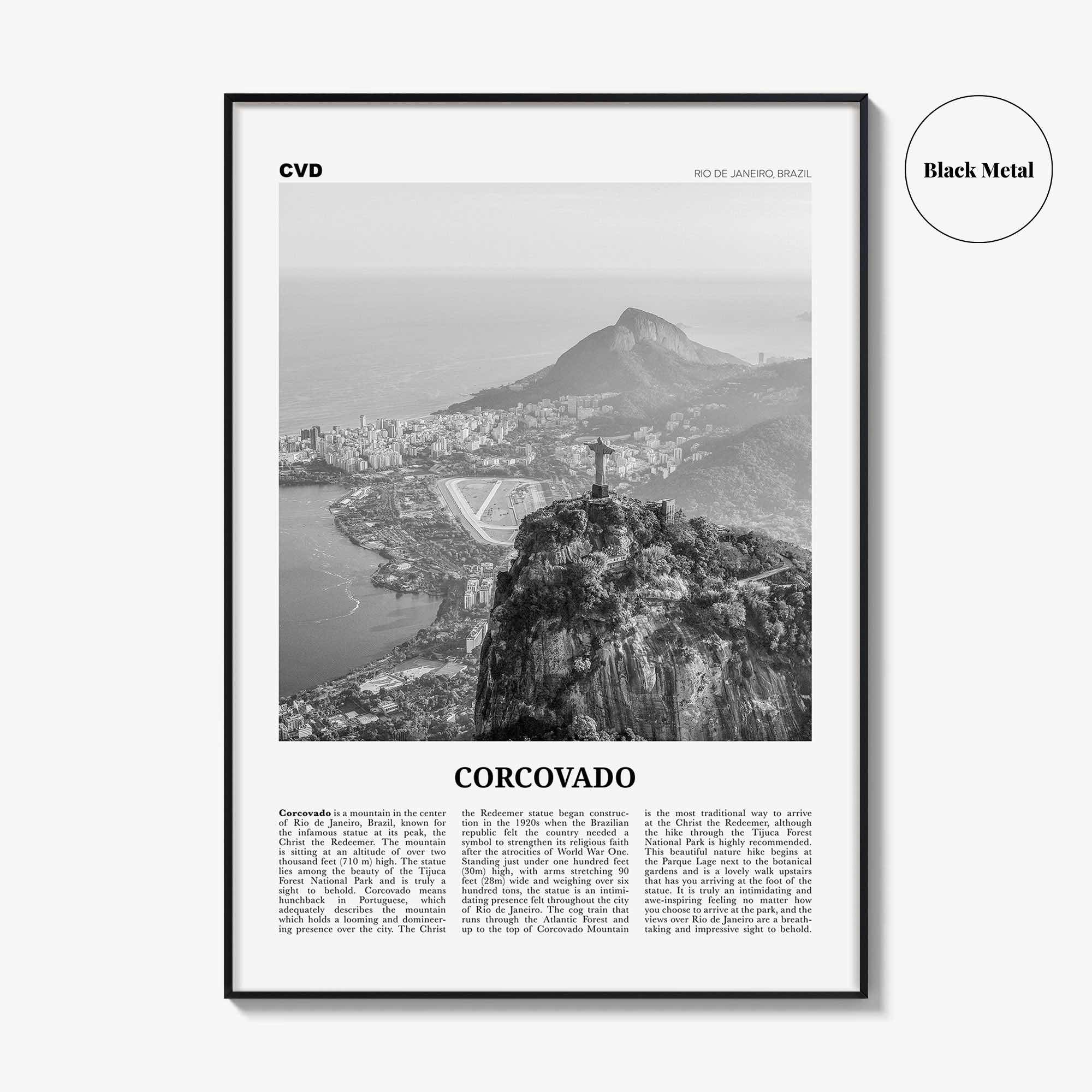 Corcovado Print Black and White, Corcovado Wall Art, Corcovado Poster, Corcovado Photo, Corcovado Map, Rio de Janeiro, Brazil