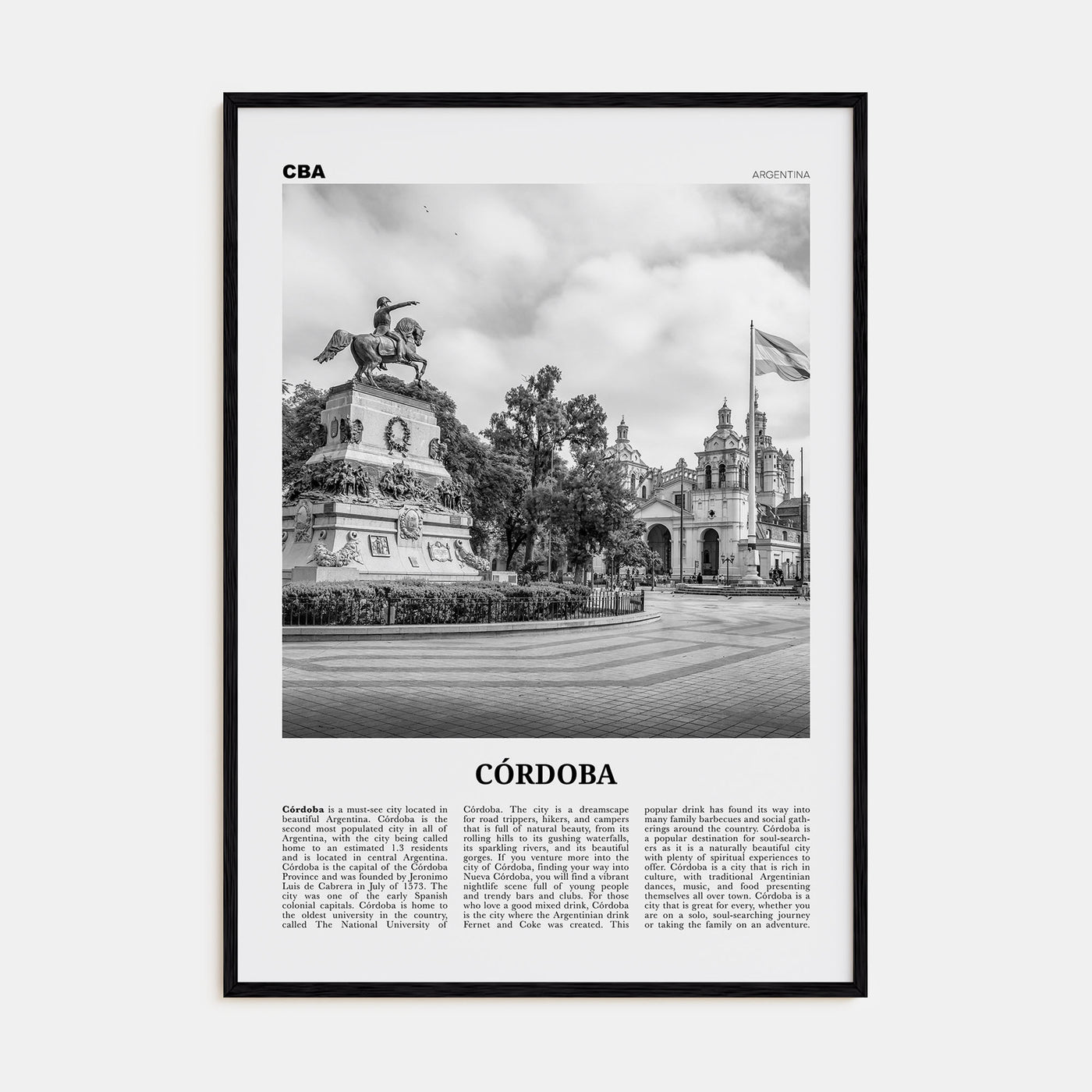 Córdoba, Argentina Travel B&W Poster