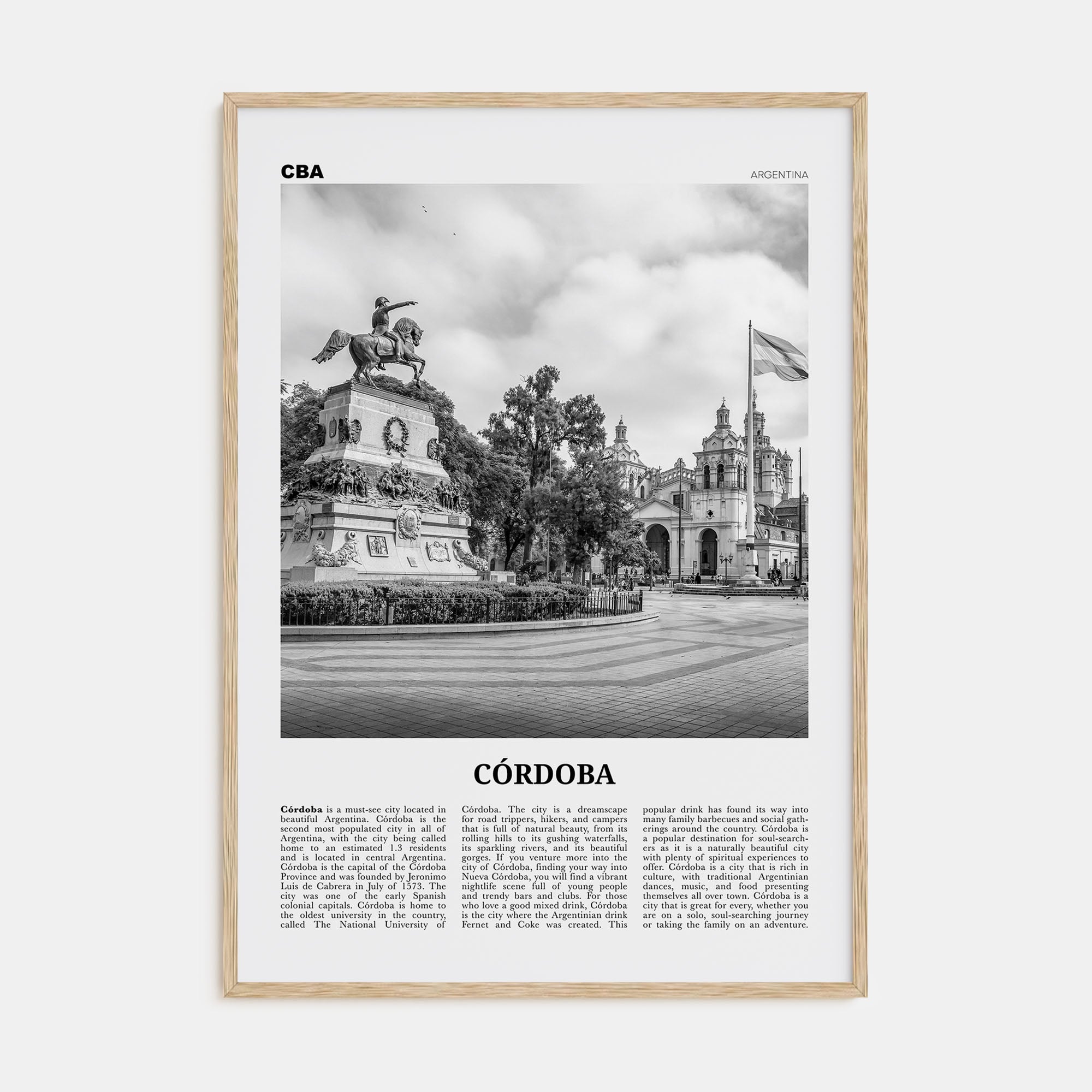 Córdoba, Argentina Travel B&W Poster