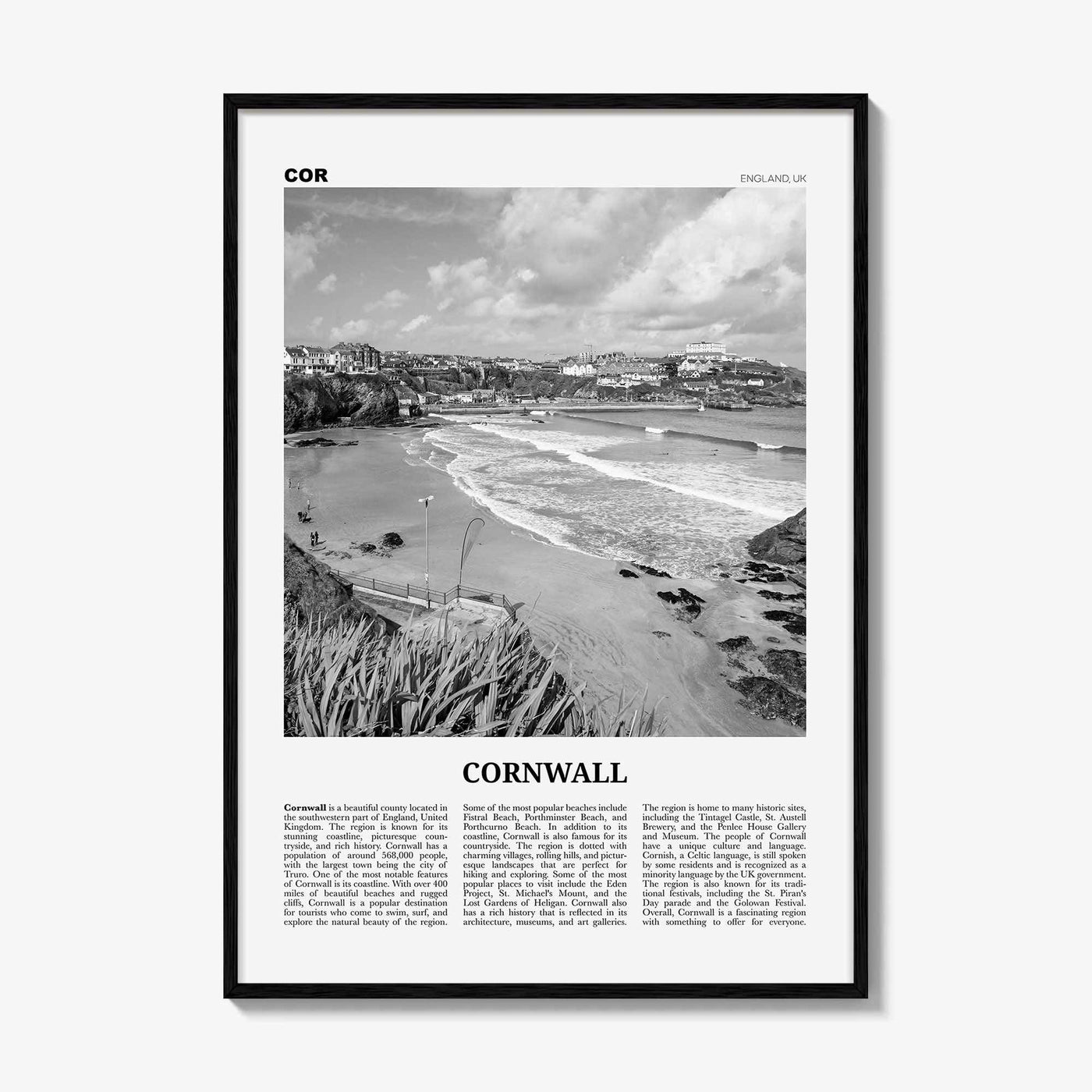 Cornwall Print Black and White, Cornwall Wall Art, Cornwall Poster, Cornwall Photo, Cornwall Wall Décor, Cornwall Map, England, UK