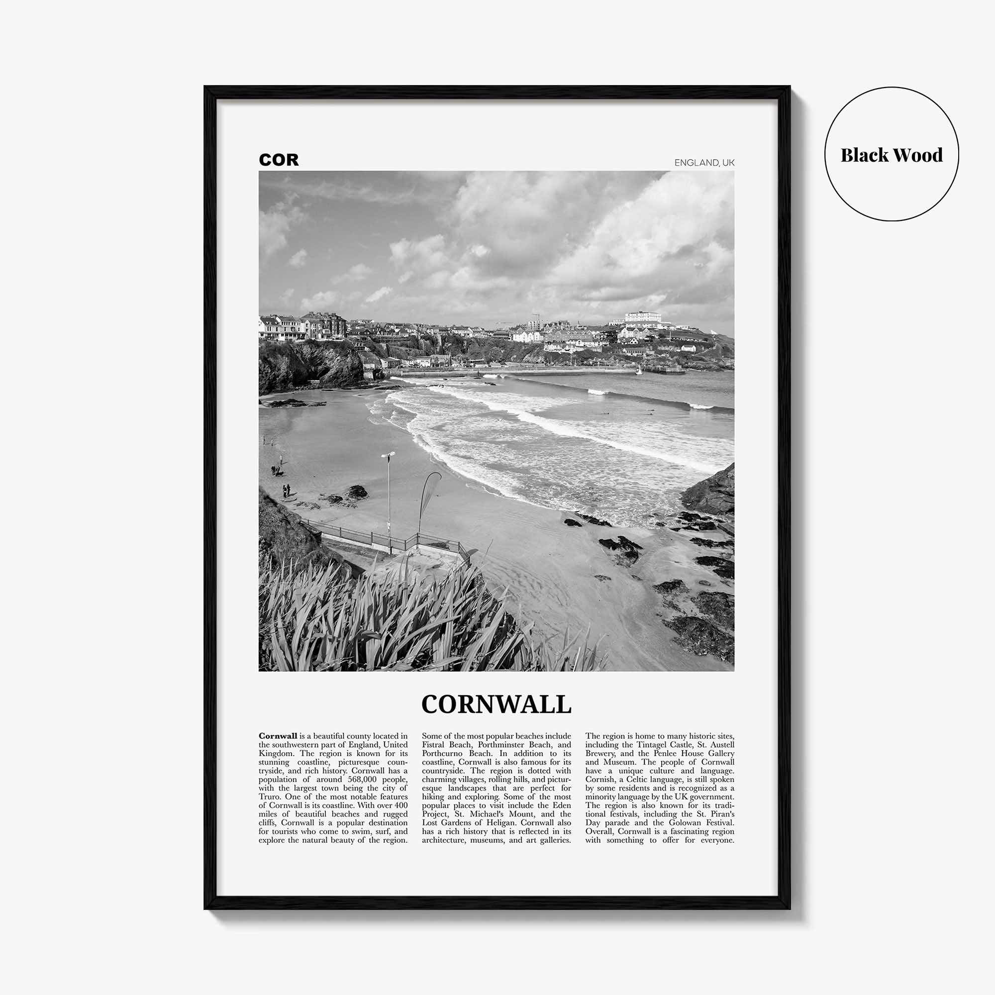 Cornwall Print Black and White, Cornwall Wall Art, Cornwall Poster, Cornwall Photo, Cornwall Wall Décor, Cornwall Map, England, UK