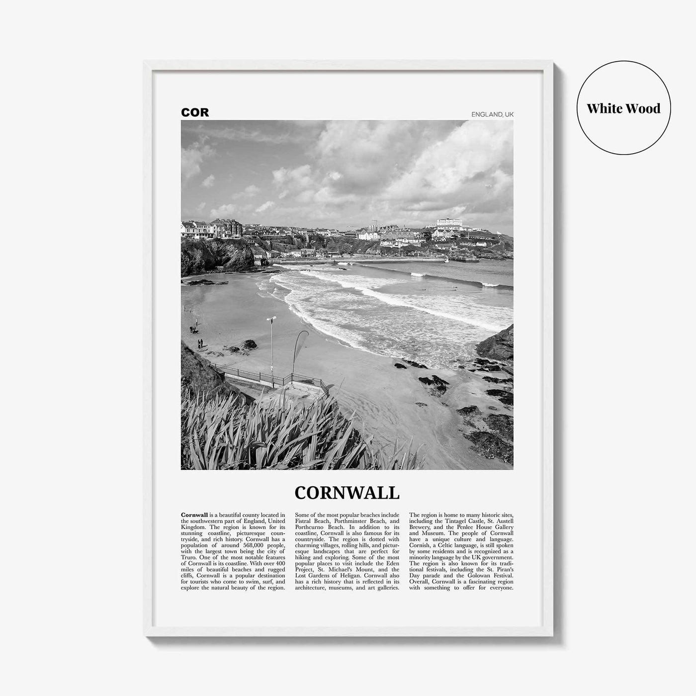 Cornwall Print Black and White, Cornwall Wall Art, Cornwall Poster, Cornwall Photo, Cornwall Wall Décor, Cornwall Map, England, UK