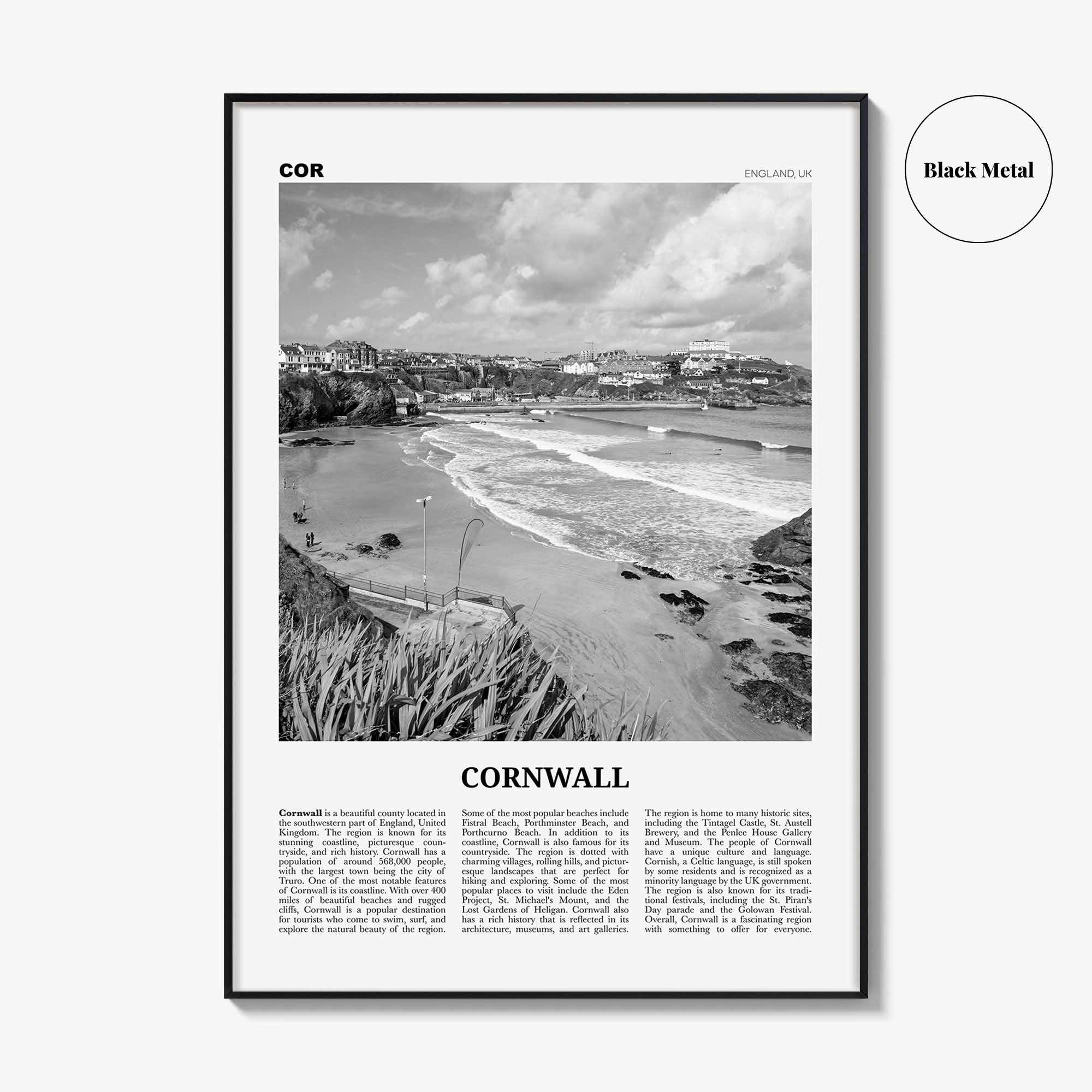 Cornwall Print Black and White, Cornwall Wall Art, Cornwall Poster, Cornwall Photo, Cornwall Wall Décor, Cornwall Map, England, UK