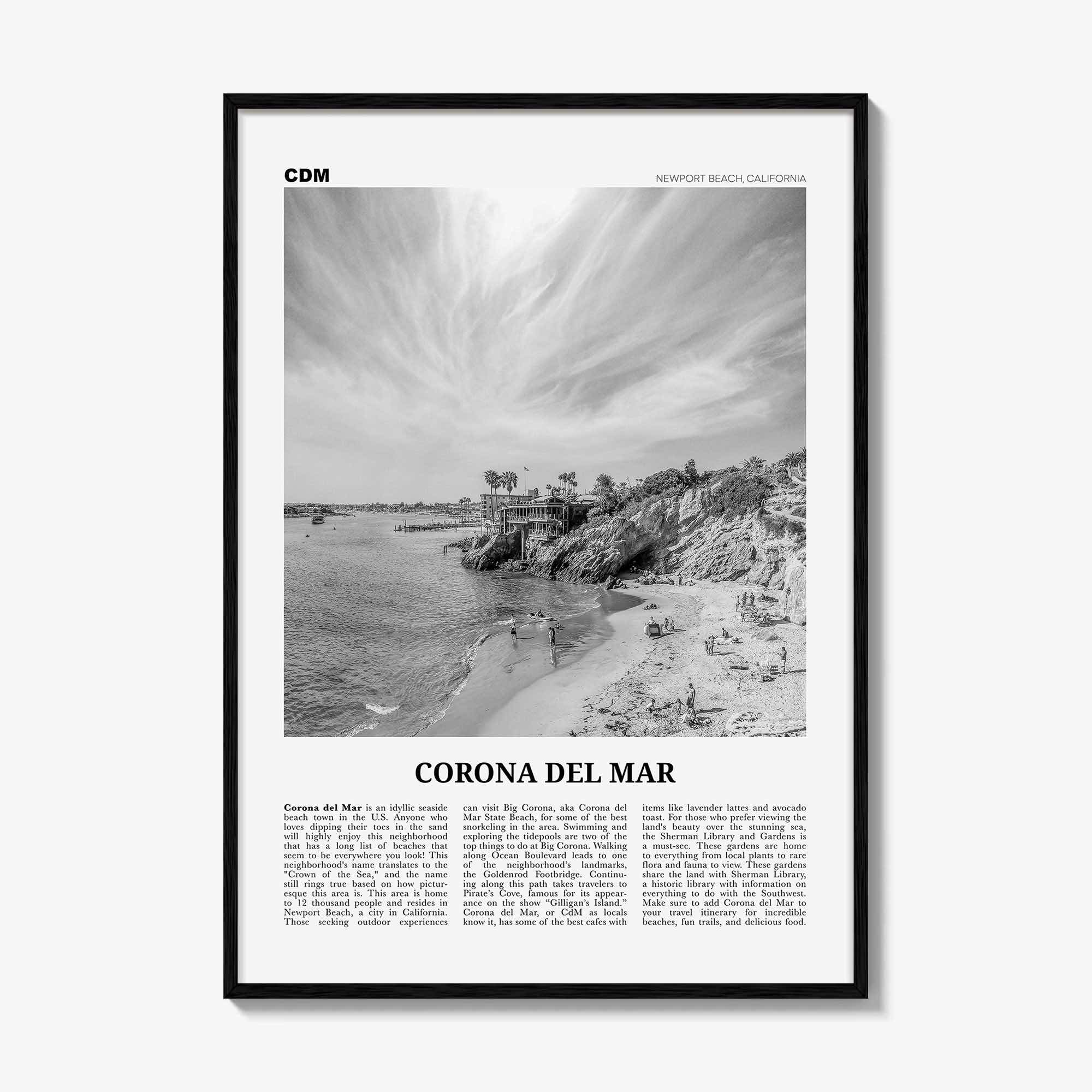 Corona del Mar Print Black and White, Corona del Mar Wall Art, Corona del Mar Poster, Corona del Mar Photo, Newport Beach, California