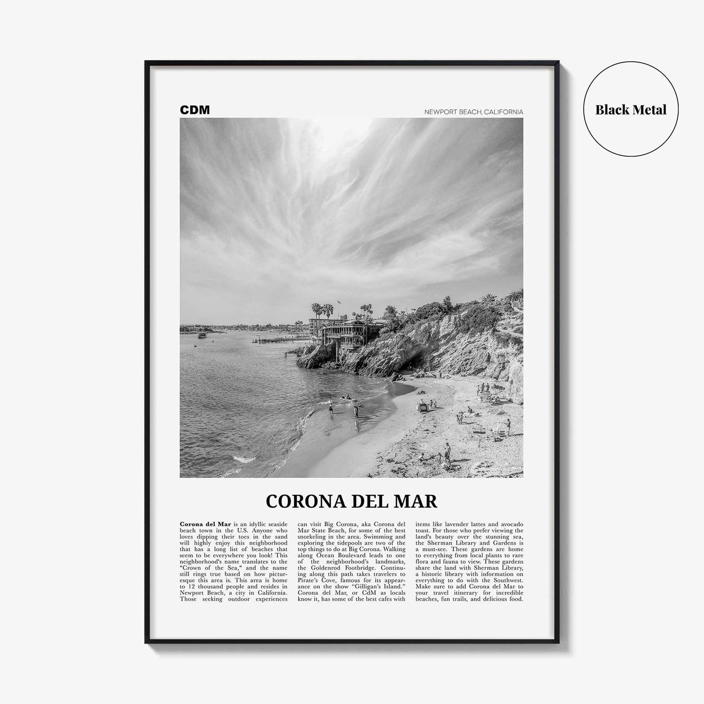 Corona del Mar Print Black and White, Corona del Mar Wall Art, Corona del Mar Poster, Corona del Mar Photo, Newport Beach, California