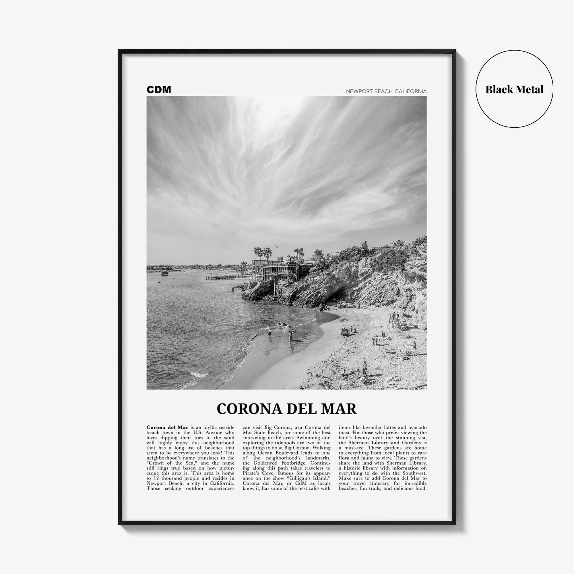 Corona del Mar Print Black and White, Corona del Mar Wall Art, Corona del Mar Poster, Corona del Mar Photo, Newport Beach, California