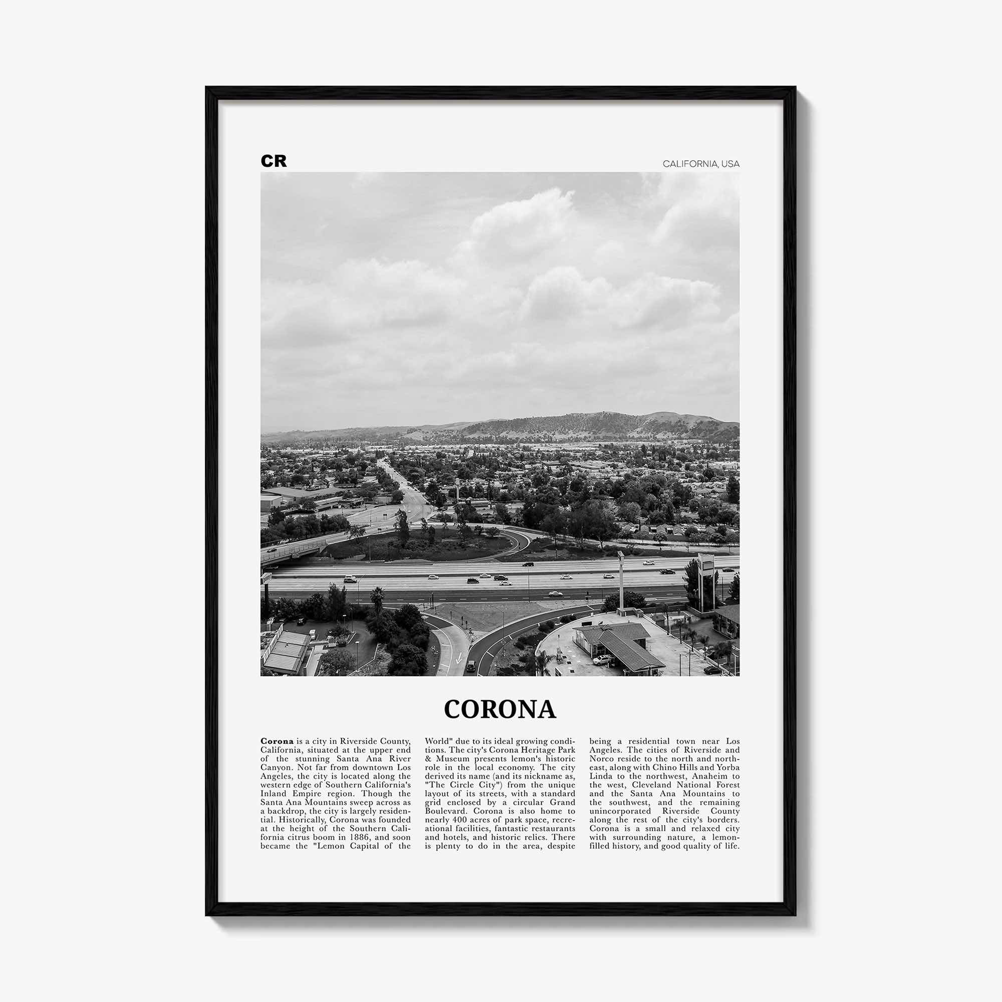 Corona Print Black and White, Corona Wall Art, Corona Poster, Corona Photo, Corona Wall Décor, Corona Map, California USA