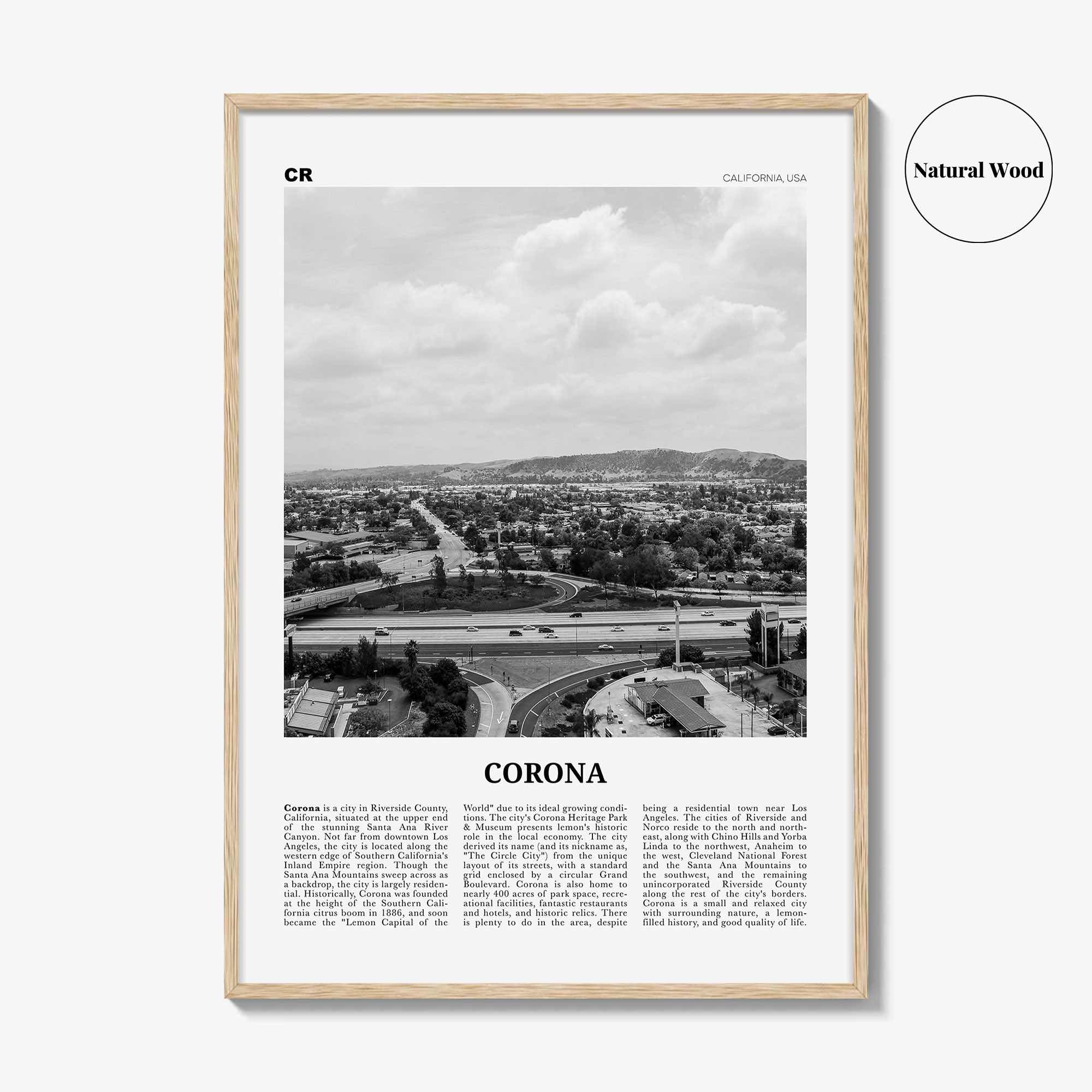 Corona Print Black and White, Corona Wall Art, Corona Poster, Corona Photo, Corona Wall Décor, Corona Map, California USA