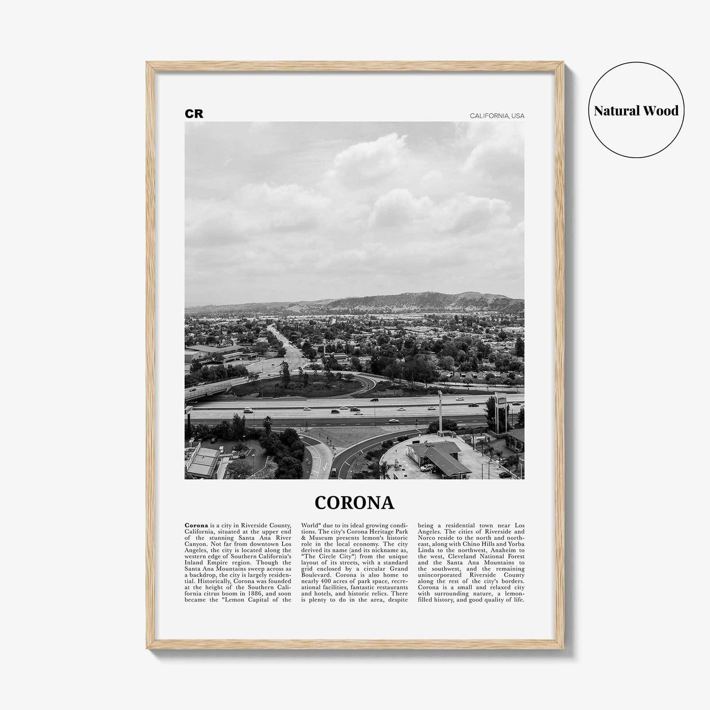 Corona Print Black and White, Corona Wall Art, Corona Poster, Corona Photo, Corona Wall Décor, Corona Map, California USA