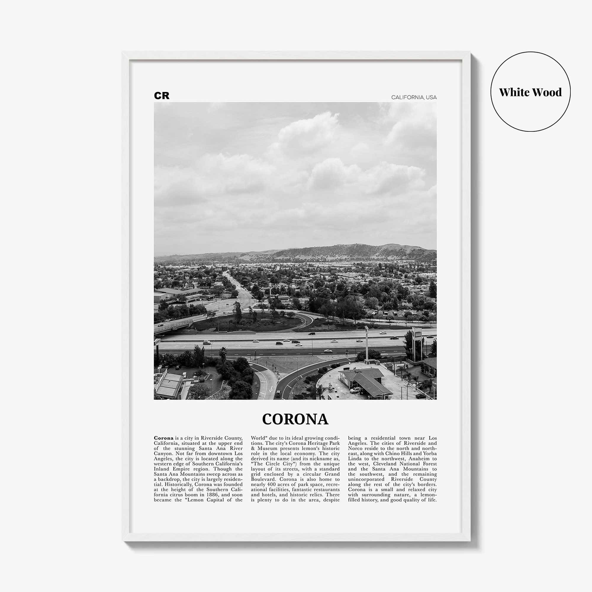 Corona Print Black and White, Corona Wall Art, Corona Poster, Corona Photo, Corona Wall Décor, Corona Map, California USA