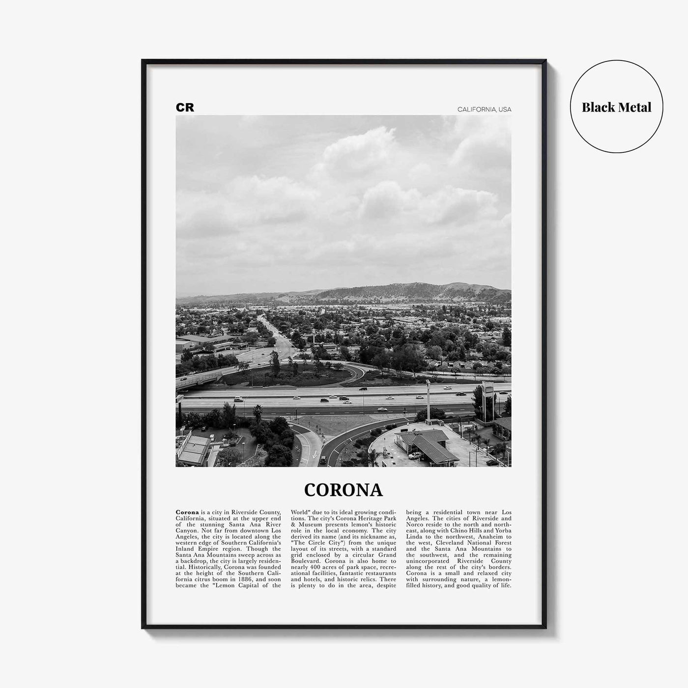 Corona Print Black and White, Corona Wall Art, Corona Poster, Corona Photo, Corona Wall Décor, Corona Map, California USA