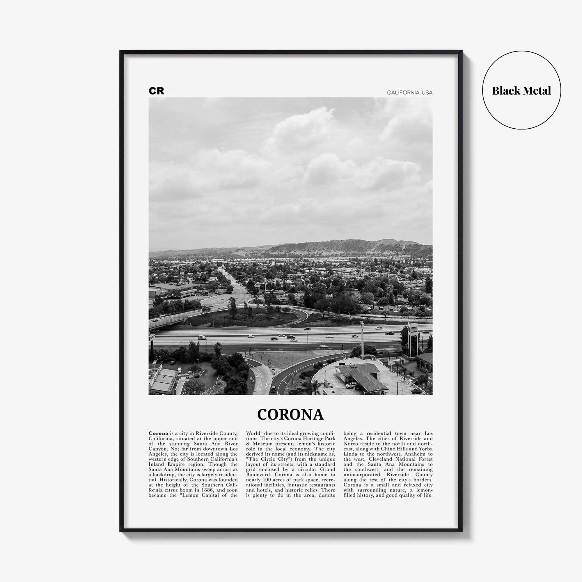 Corona Print Black and White, Corona Wall Art, Corona Poster, Corona Photo, Corona Wall Décor, Corona Map, California USA