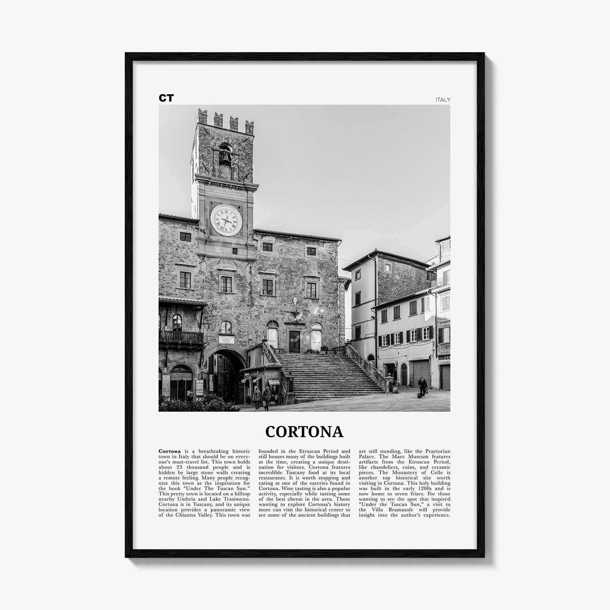 Cortona Print Black and White, Cortona Wall Art, Cortona Poster, Cortona Photo, Cortona Wall Décor, Cortona Map, Italy