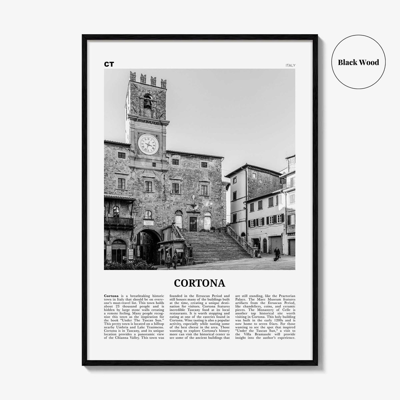 Cortona Print Black and White, Cortona Wall Art, Cortona Poster, Cortona Photo, Cortona Wall Décor, Cortona Map, Italy