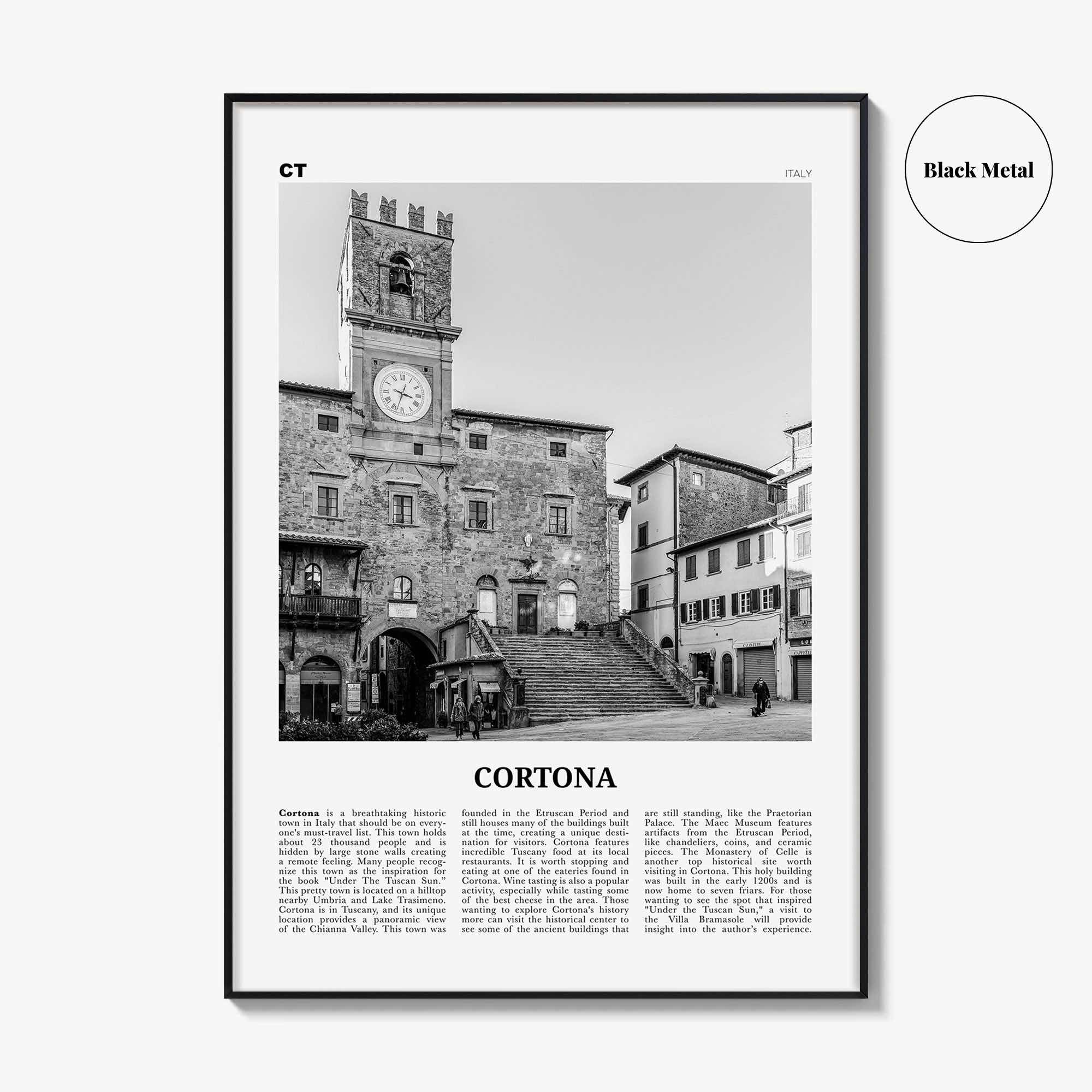 Cortona Print Black and White, Cortona Wall Art, Cortona Poster, Cortona Photo, Cortona Wall Décor, Cortona Map, Italy