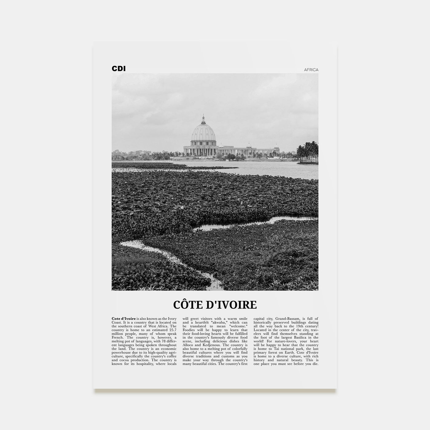 Côte d'Ivoire Travel B&W Poster
