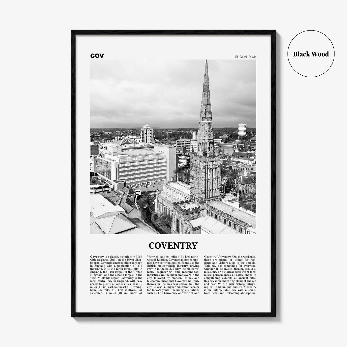 Coventry Print Black and White, Coventry Wall Art, Coventry Poster, Coventry Photo, Coventry Wall Decor, England, UK, United Kingdom, Europe