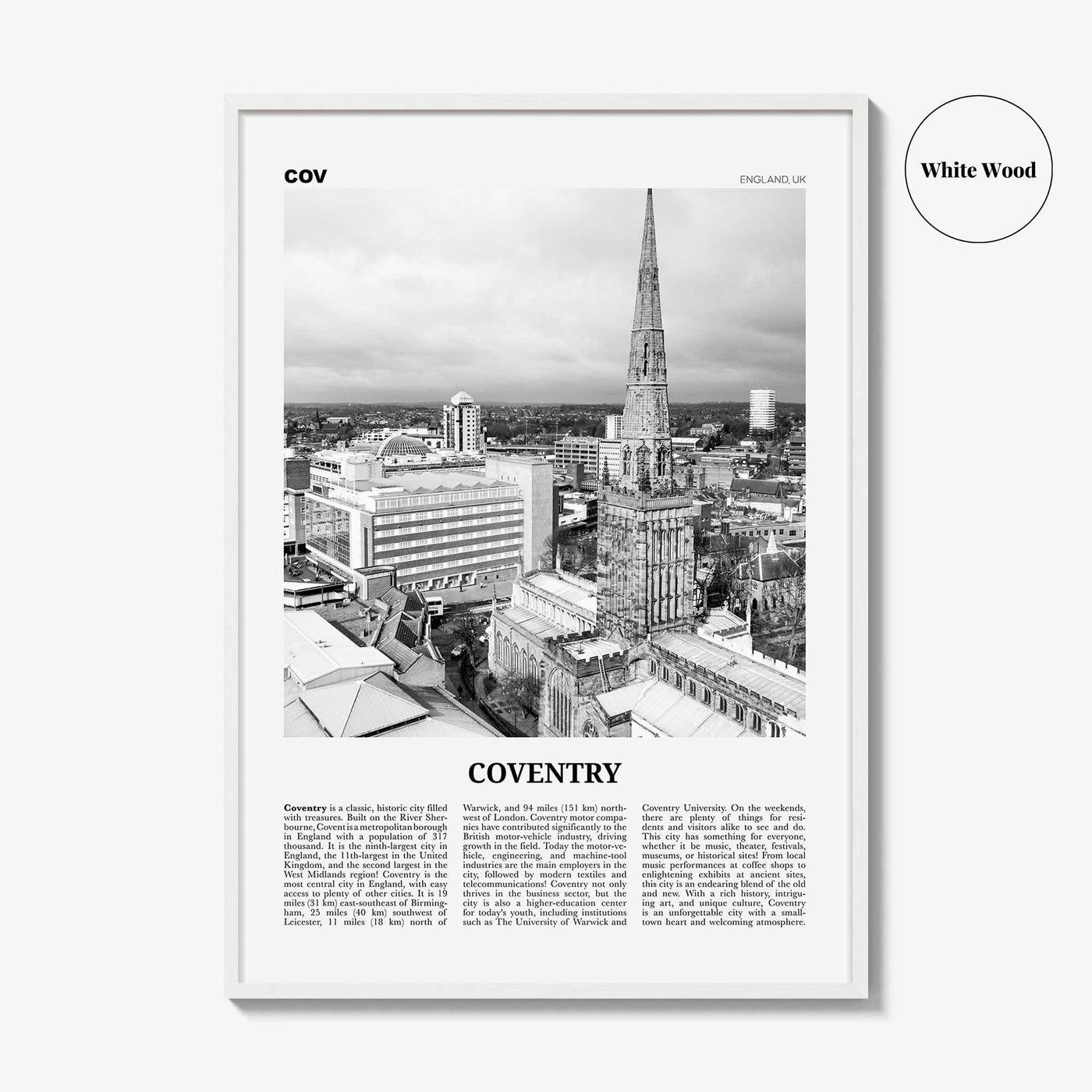 Coventry Print Black and White, Coventry Wall Art, Coventry Poster, Coventry Photo, Coventry Wall Decor, England, UK, United Kingdom, Europe