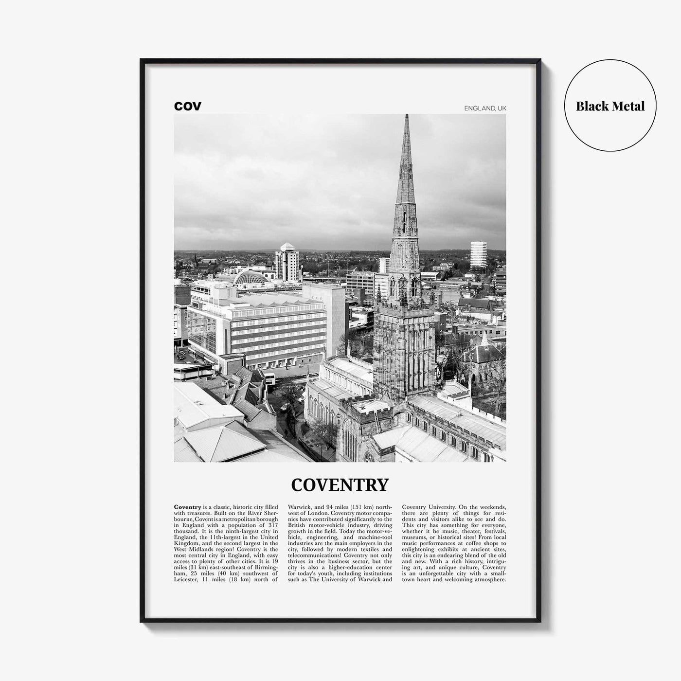 Coventry Print Black and White, Coventry Wall Art, Coventry Poster, Coventry Photo, Coventry Wall Decor, England, UK, United Kingdom, Europe