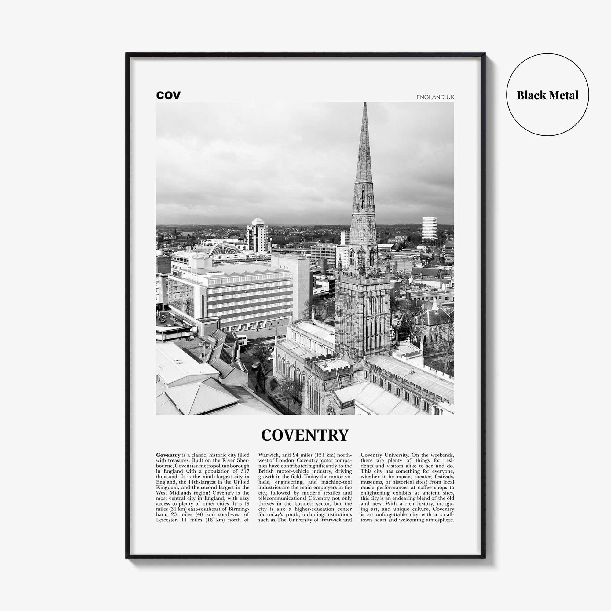 Coventry Print Black and White, Coventry Wall Art, Coventry Poster, Coventry Photo, Coventry Wall Decor, England, UK, United Kingdom, Europe