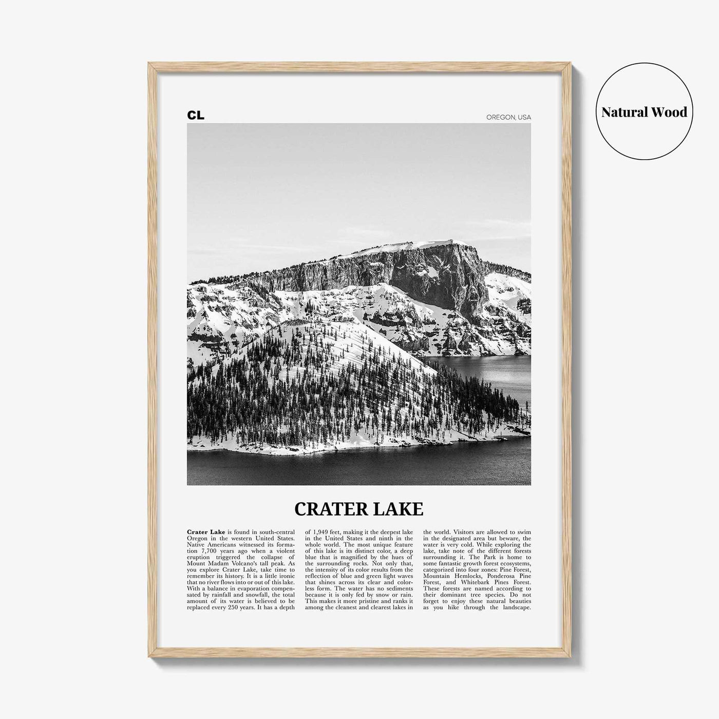 Crater Lake Print Black and White, Crater Lake Wall Art, Crater Lake Poster, Crater Lake Photo, Oregon, USA, United States, North America