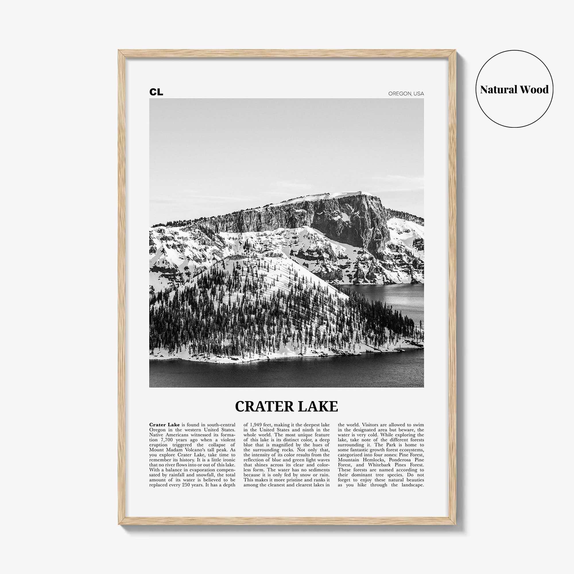 Crater Lake Print Black and White, Crater Lake Wall Art, Crater Lake Poster, Crater Lake Photo, Oregon, USA, United States, North America