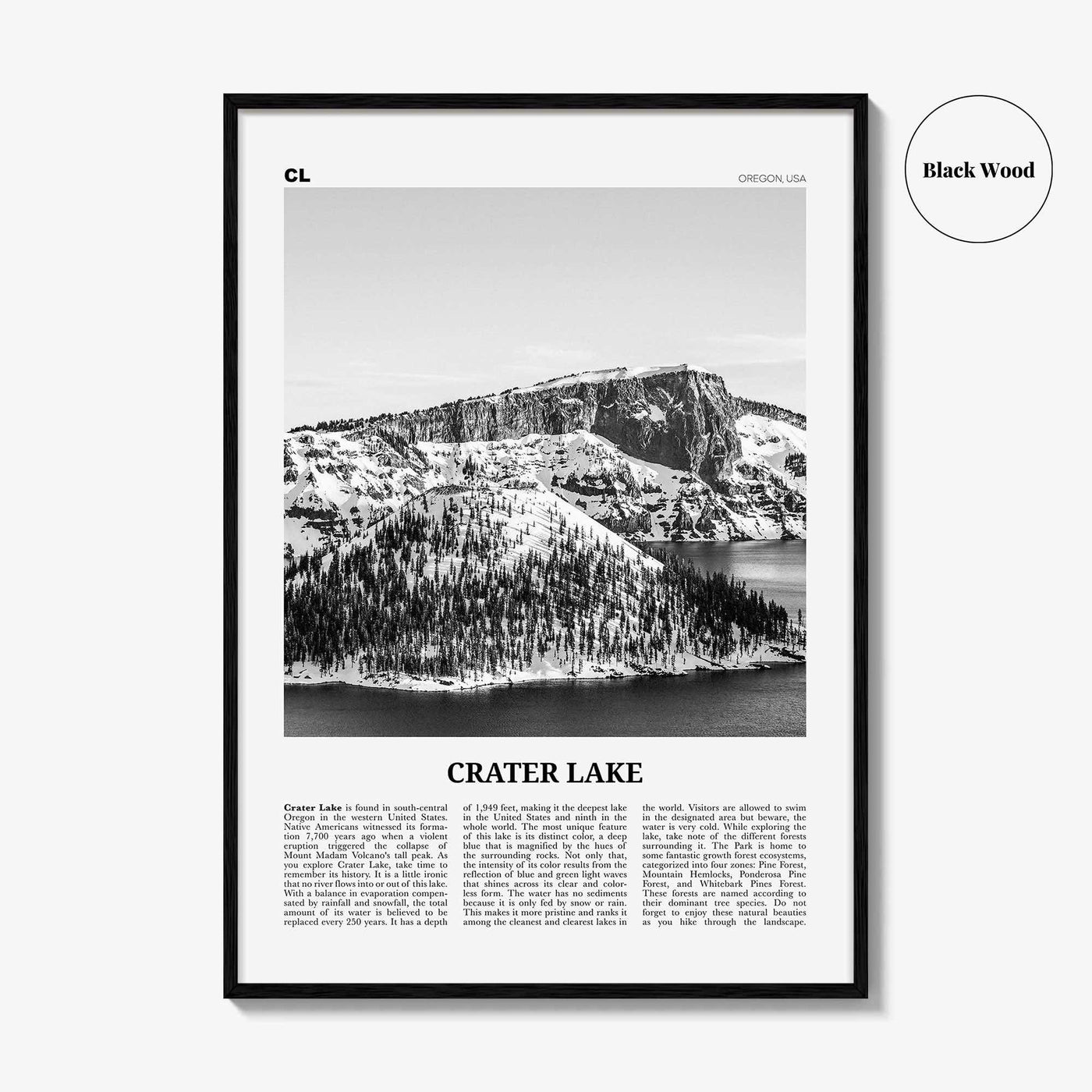 Crater Lake Print Black and White, Crater Lake Wall Art, Crater Lake Poster, Crater Lake Photo, Oregon, USA, United States, North America