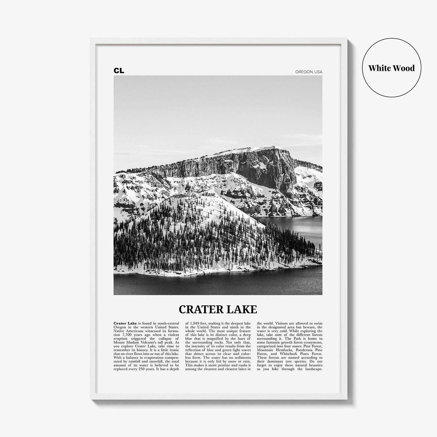 Crater Lake Print Black and White, Crater Lake Wall Art, Crater Lake Poster, Crater Lake Photo, Oregon, USA, United States, North America