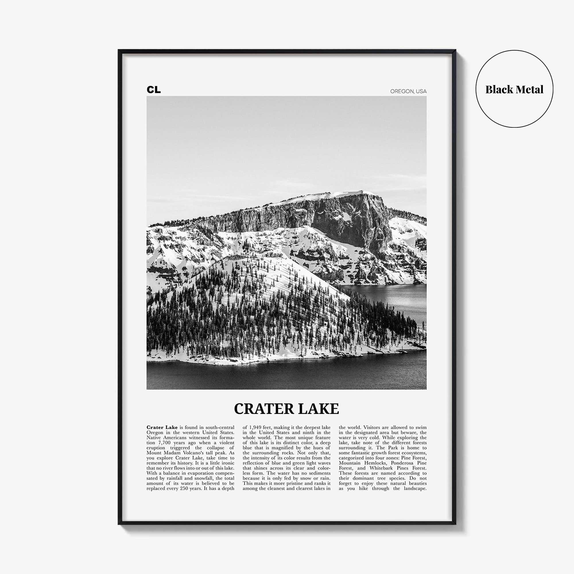 Crater Lake Print Black and White, Crater Lake Wall Art, Crater Lake Poster, Crater Lake Photo, Oregon, USA, United States, North America