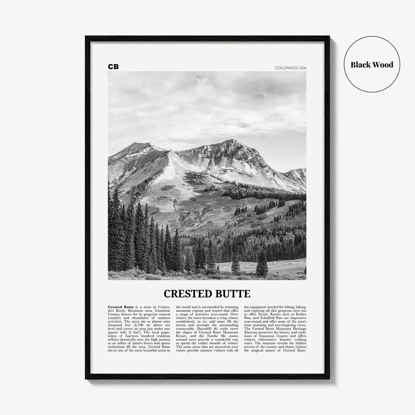Crested Butte Print Black and White, Crested Butte Wall Art, Crested Butte Poster, Crested Butte Photo, Crested Butte Map, Colorado, USA