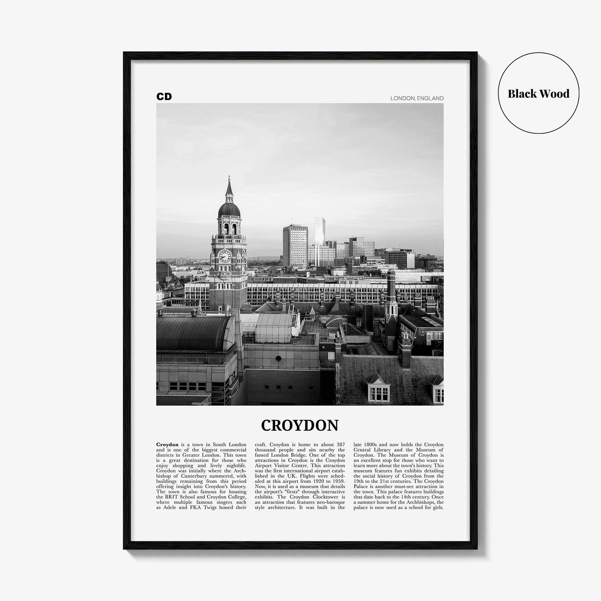 Croydon Print Black and White, Croydon Wall Art, Croydon Poster, Croydon Photo, Croydon Wall Décor, Croydon Map, London