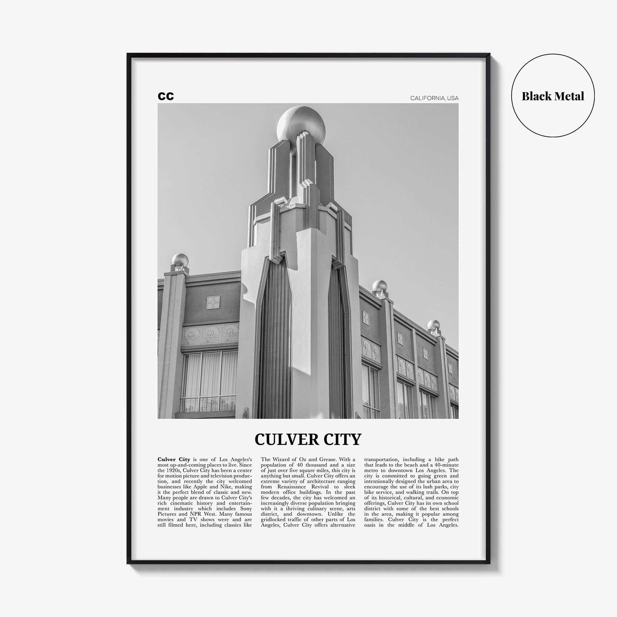 Culver City Print Black and White, Culver City Wall Art, Culver City Poster, Culver City Photo, California, USA United States, North America