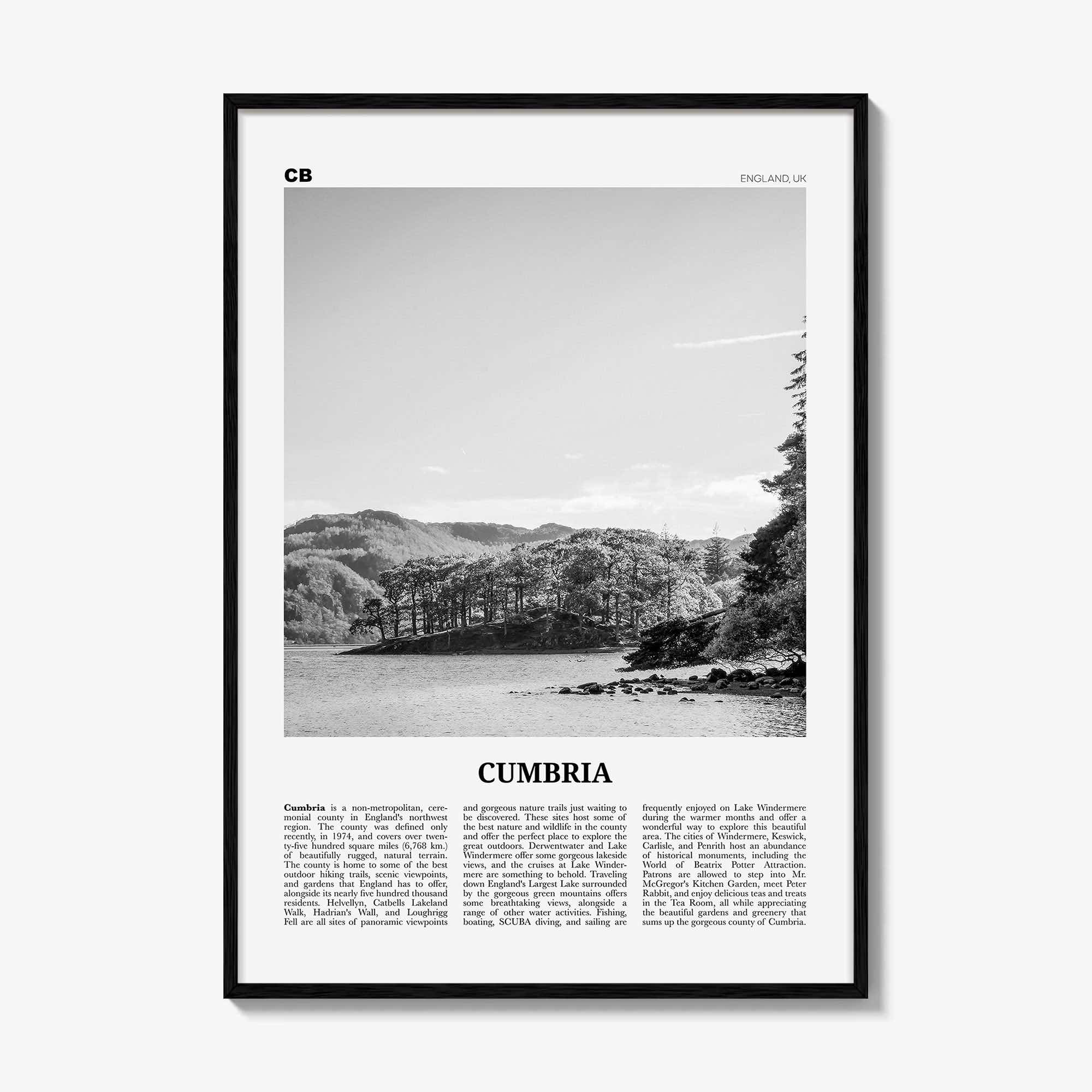 Cumbria Print Black and White, Cumbria Wall Art, Cumbria Poster, Cumbria Photo, Cumbria Map, England, UK, United Kingdom