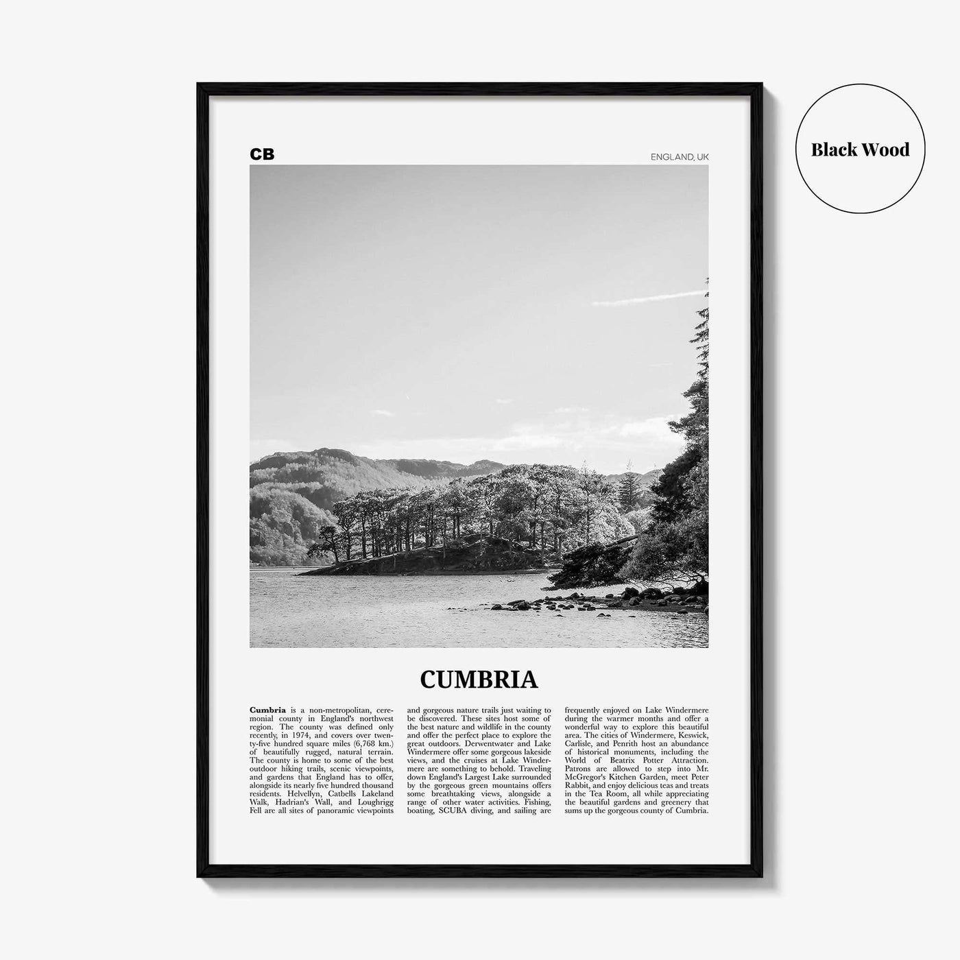 Cumbria Print Black and White, Cumbria Wall Art, Cumbria Poster, Cumbria Photo, Cumbria Map, England, UK, United Kingdom