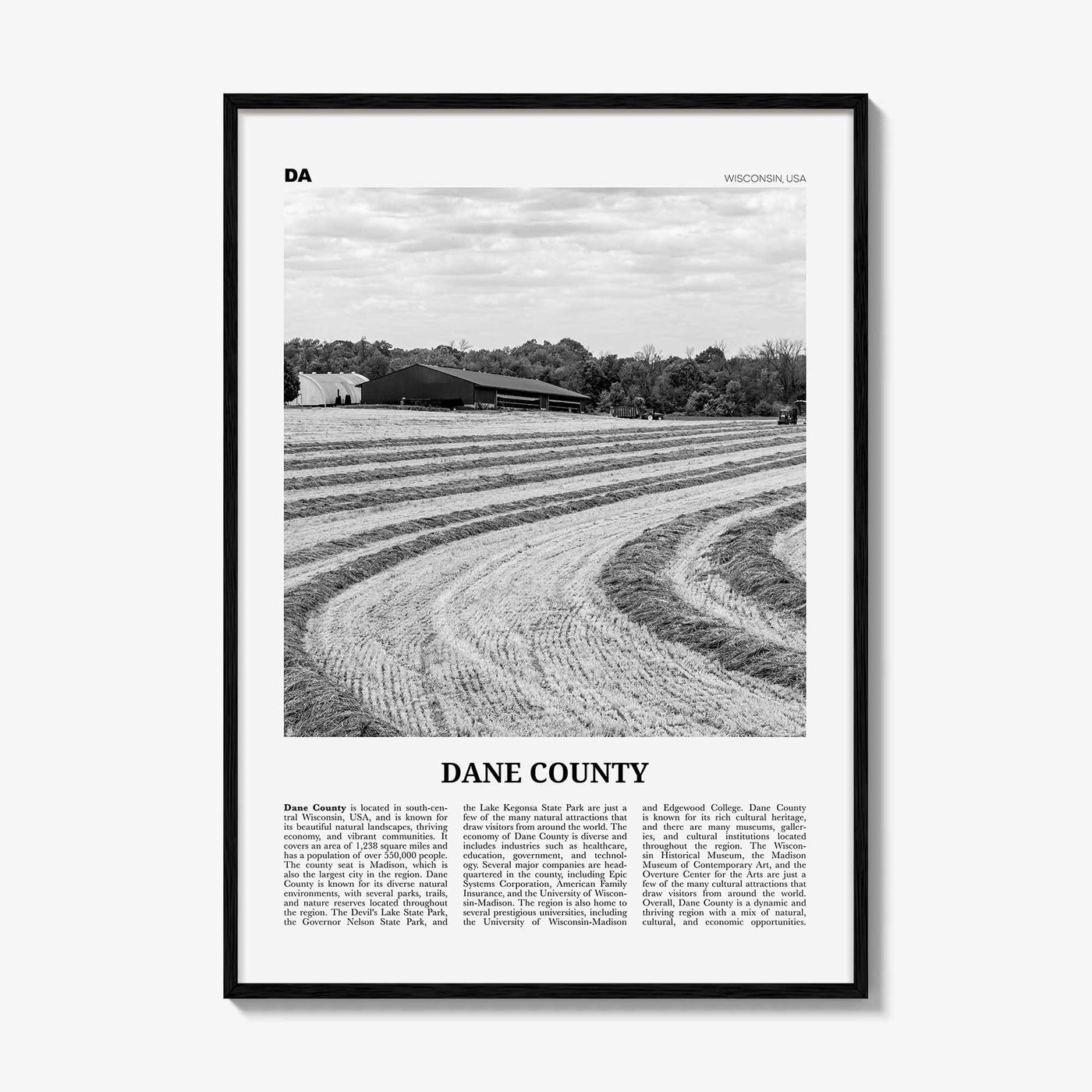 Dane County Print Black and White, Dane County Wall Art, Dane County Poster, Dane County Photo, Dane County Wall Décor, Dane County Map