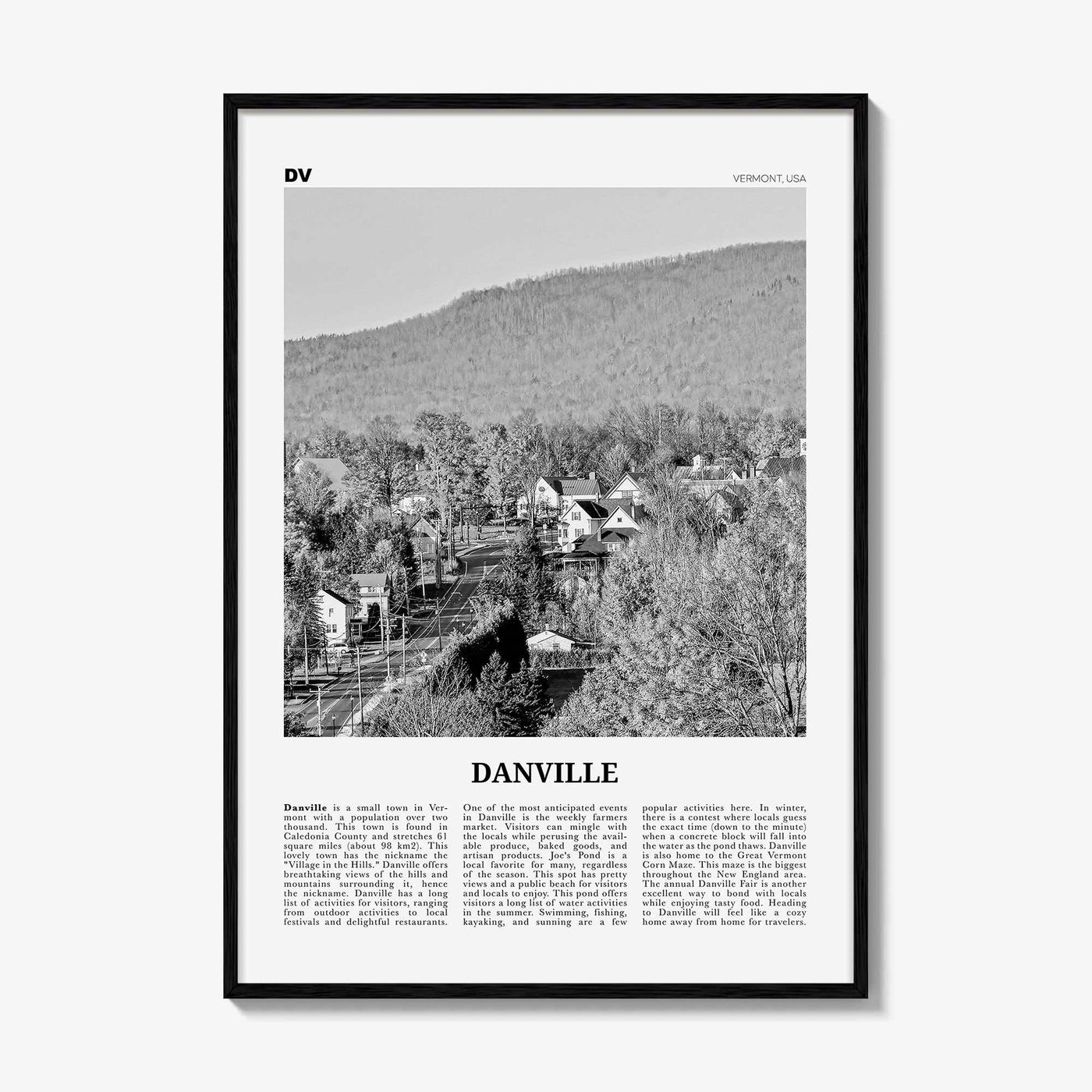 Danville Print Black and White Vermont, Danville Wall Art, Danville Poster, Danville Photo, Danville Wall Décor, Danville Map, Vermont, USA