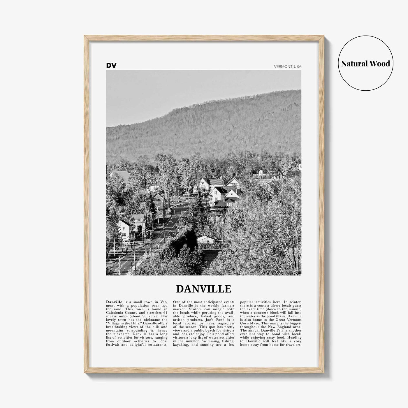 Danville Print Black and White Vermont, Danville Wall Art, Danville Poster, Danville Photo, Danville Wall Décor, Danville Map, Vermont, USA