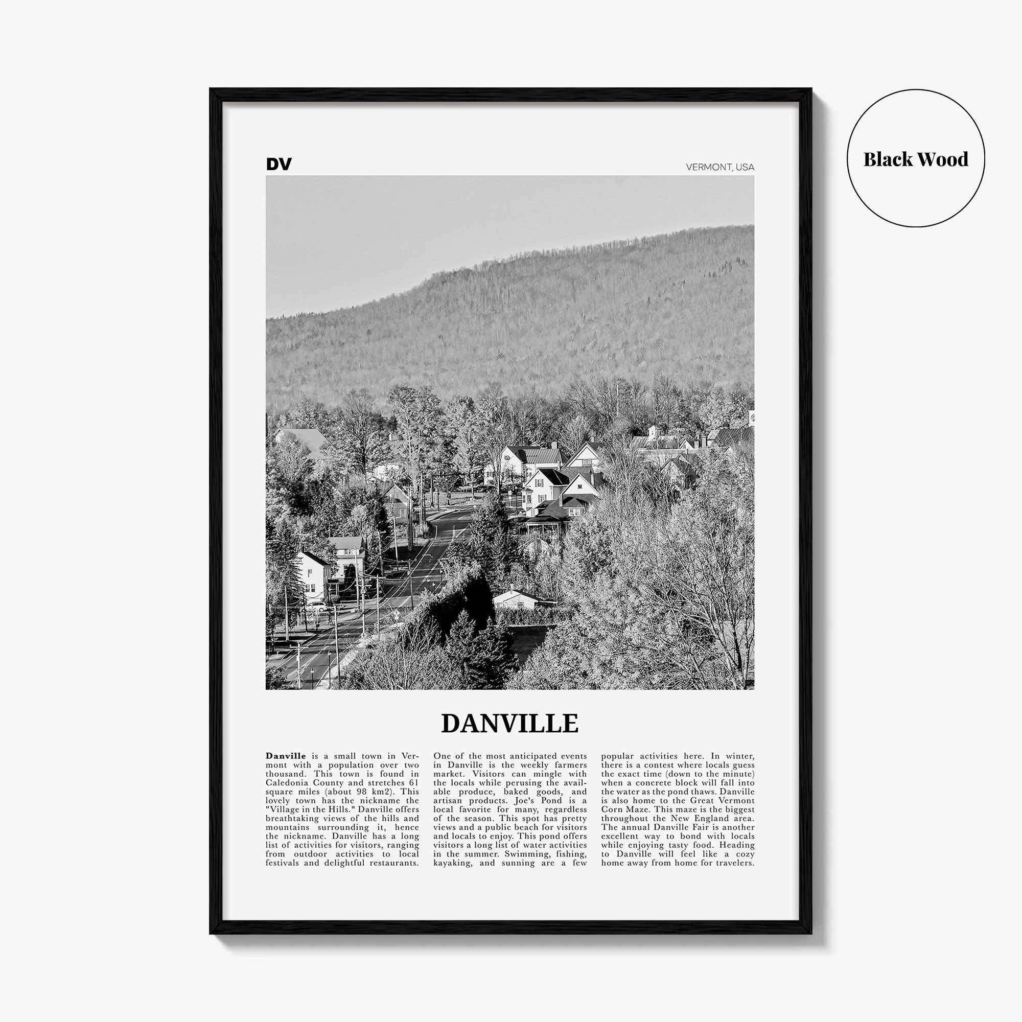 Danville Print Black and White Vermont, Danville Wall Art, Danville Poster, Danville Photo, Danville Wall Décor, Danville Map, Vermont, USA