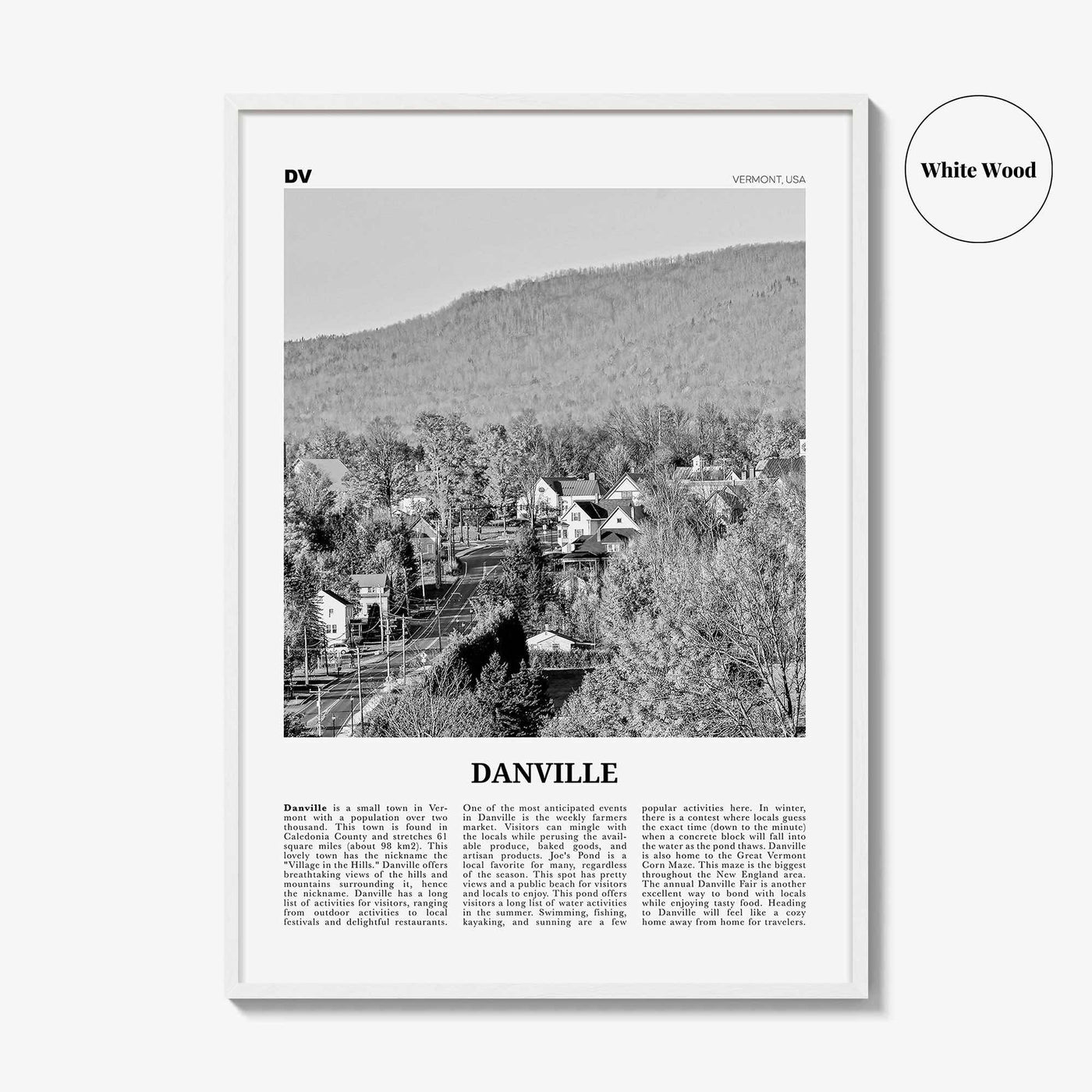 Danville Print Black and White Vermont, Danville Wall Art, Danville Poster, Danville Photo, Danville Wall Décor, Danville Map, Vermont, USA