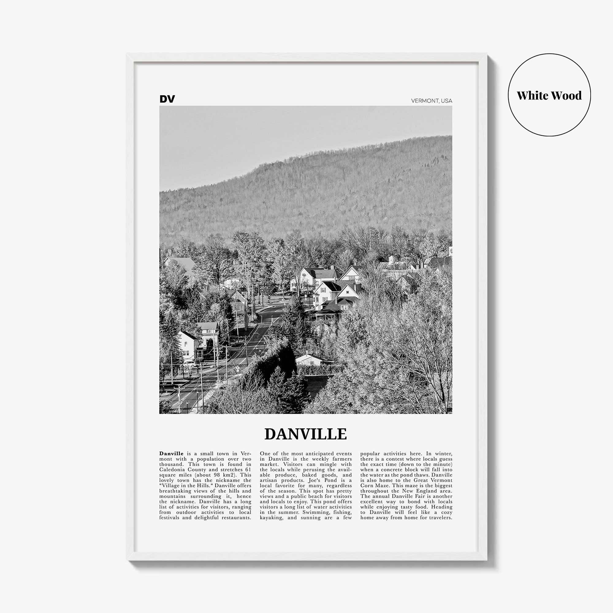 Danville Print Black and White Vermont, Danville Wall Art, Danville Poster, Danville Photo, Danville Wall Décor, Danville Map, Vermont, USA